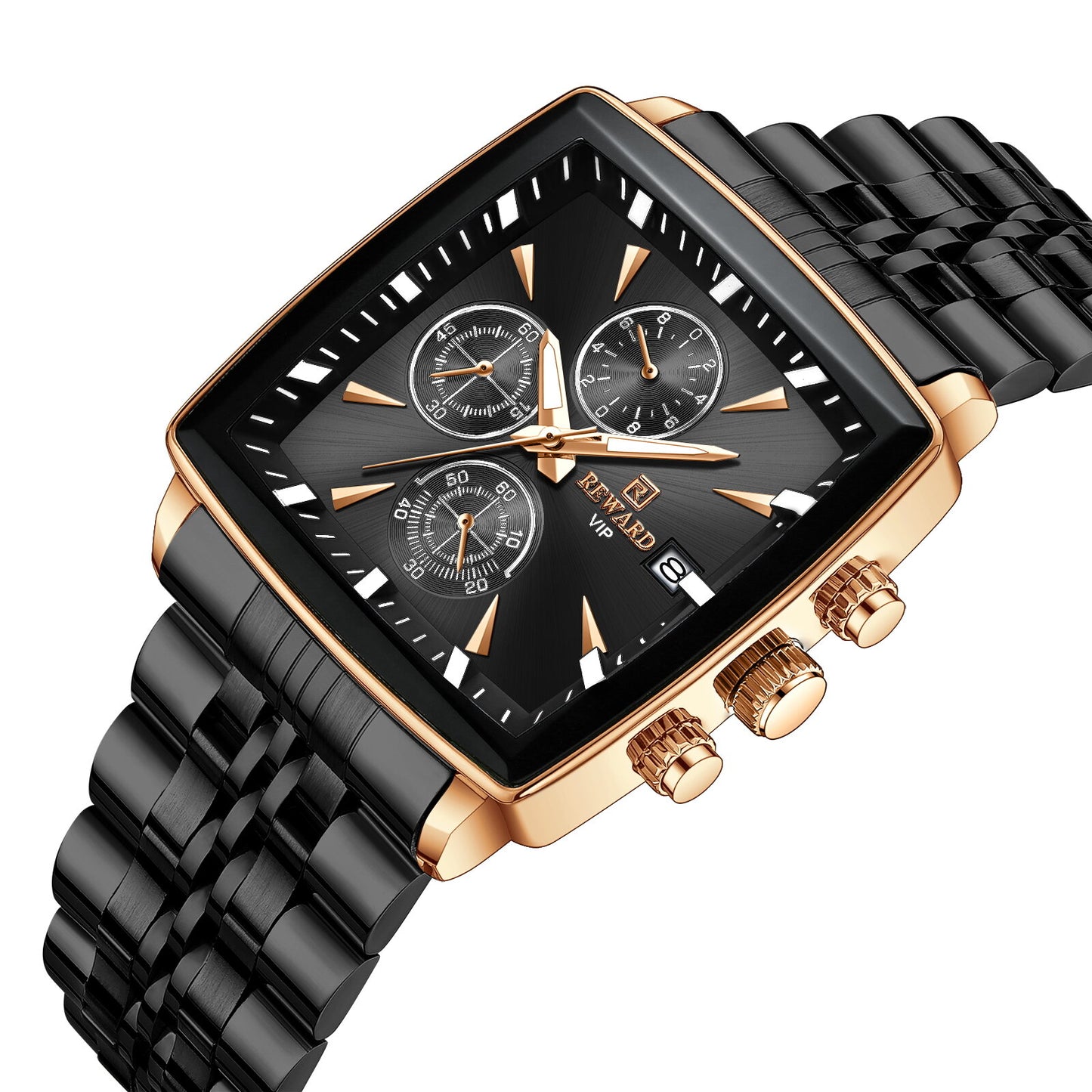 Reward Square Black & Rose Gold Multi-Function Men's Watch