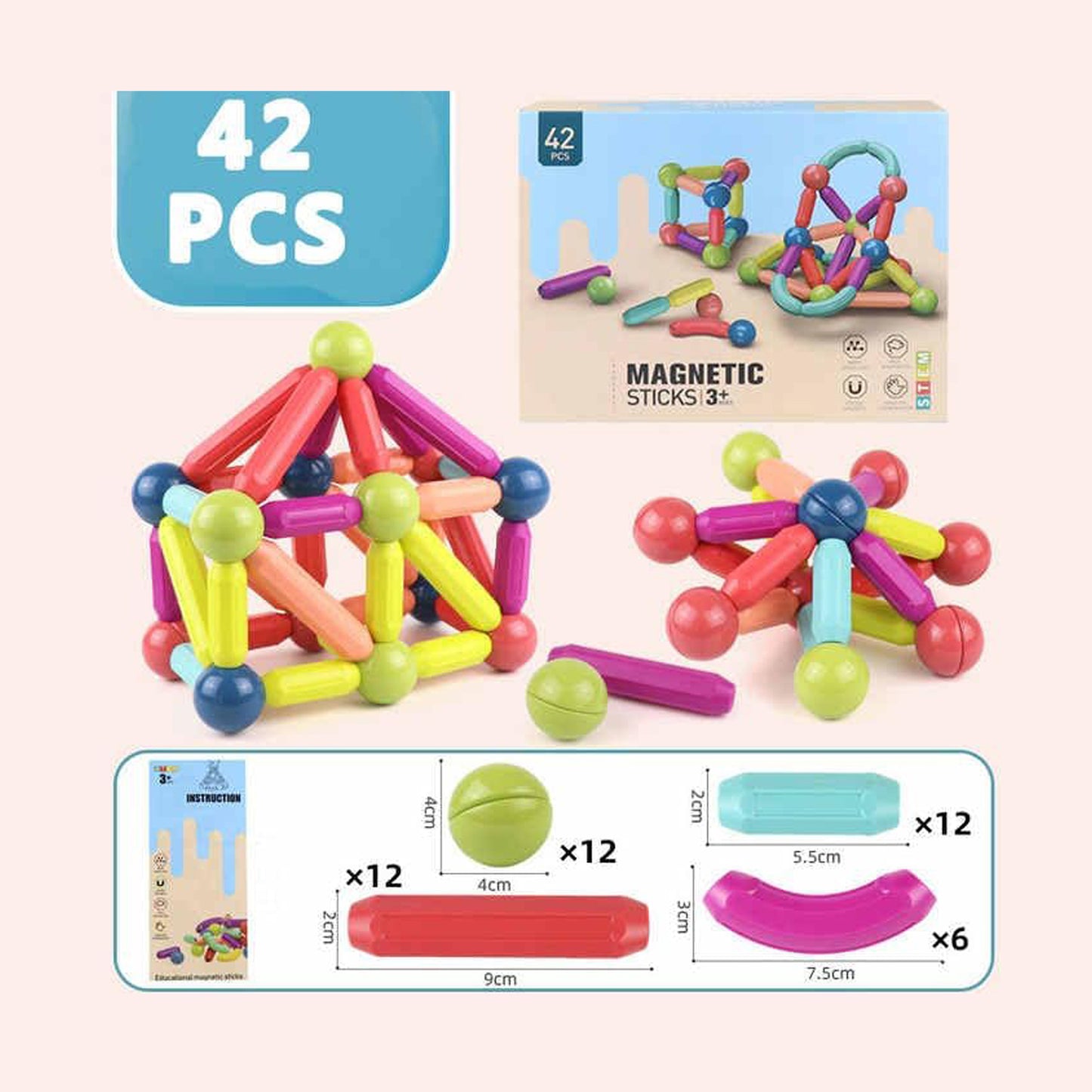 Magnetic Sticks Building Blocks Kids Toys (42 Pcs Sticks-Ball)