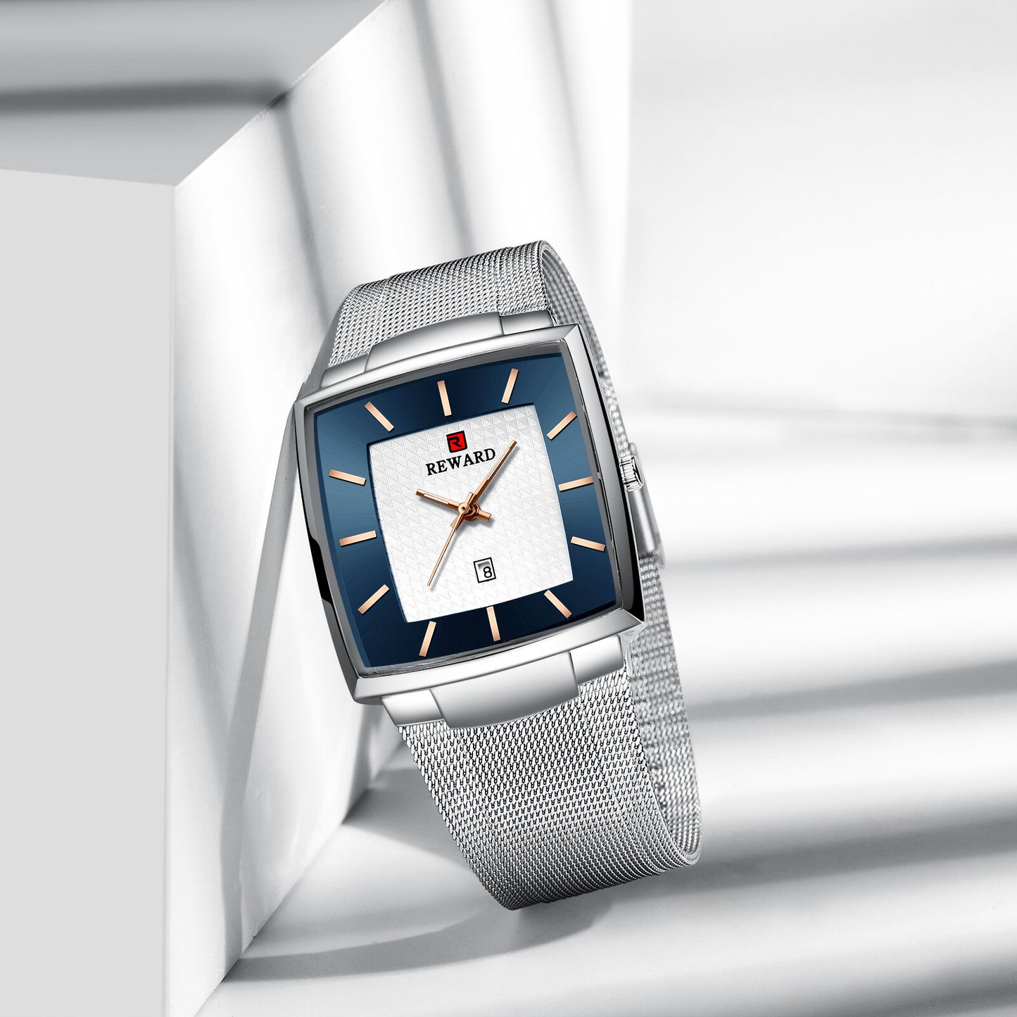 Reward Silver & Blue Rectangular Luxury Quartz Watch For Men