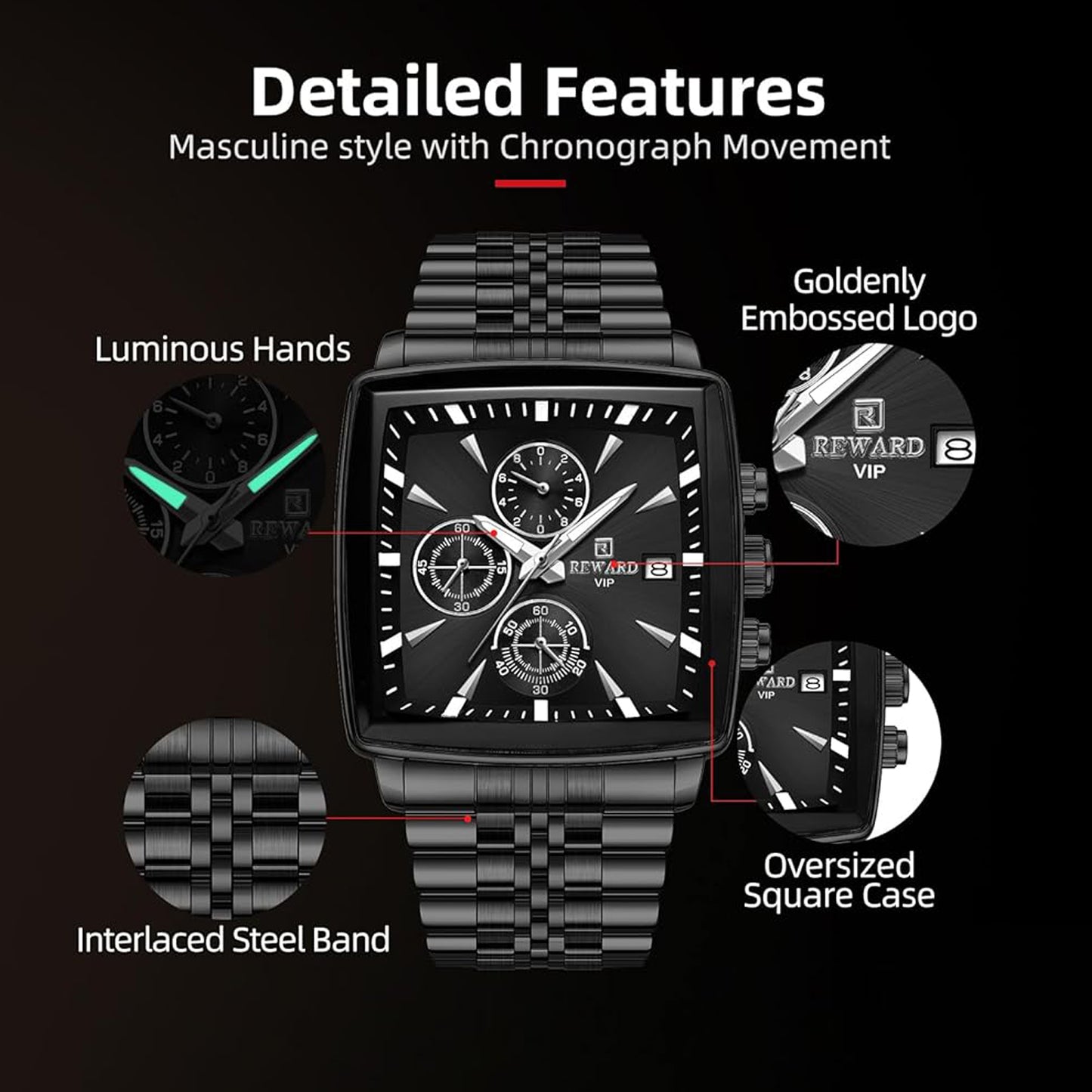 Reward Black Multi-Function Men's Square Quartz Watch