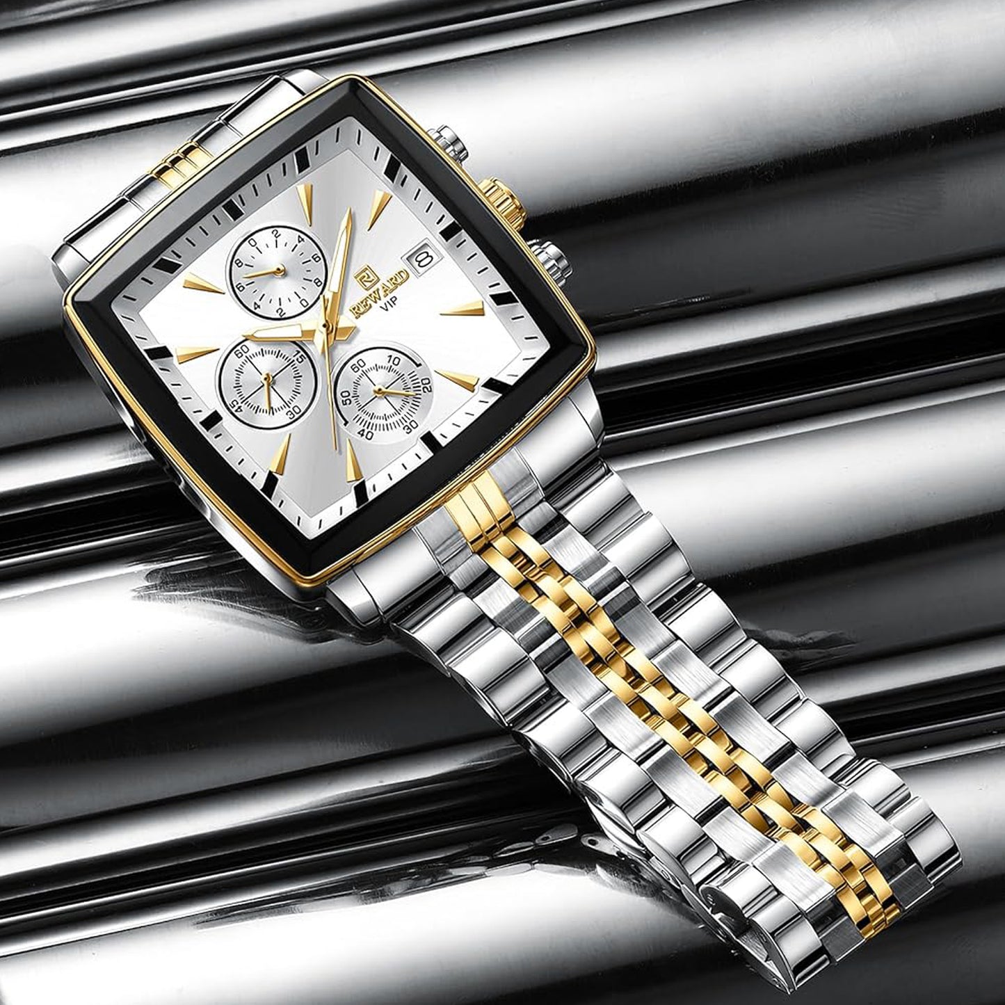 Reward Square White Dial Multi-Function Watch For Men