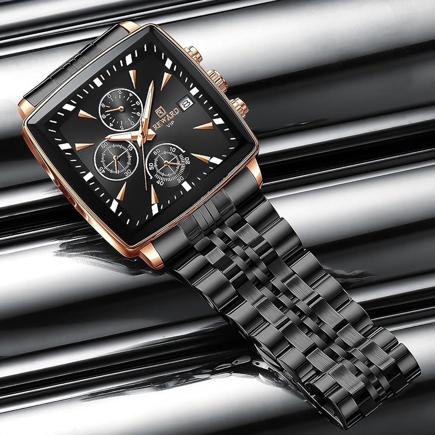 Reward Square Black & Rose Gold Multi-Function Men's Watch