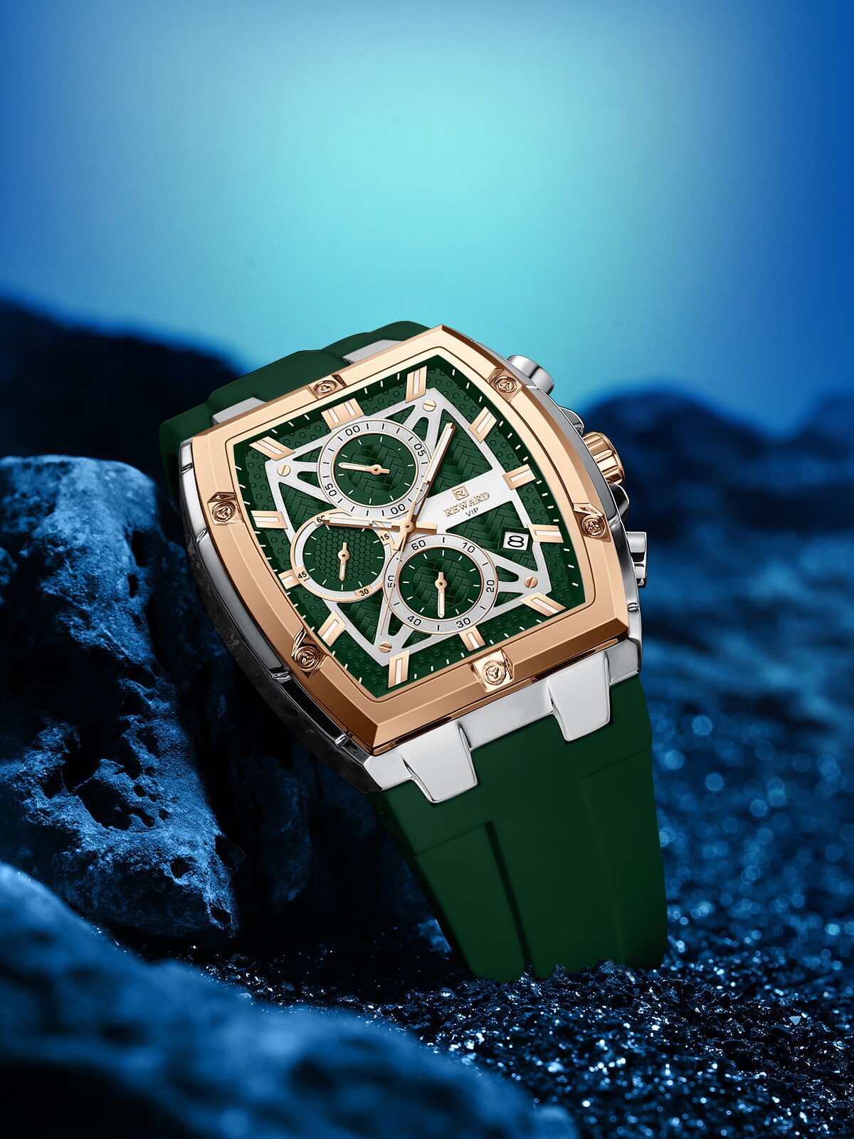 Men's Quartz Chronograph Silicone Watch – Silver & Rose Gold Case, Green Dial