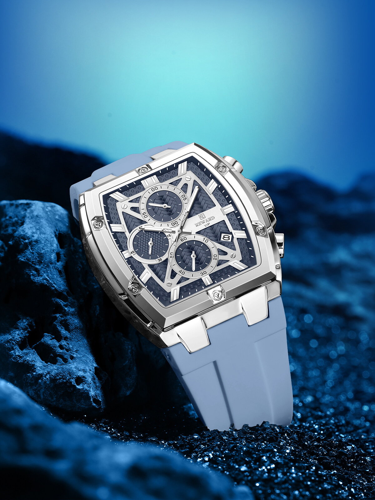 Men's Quartz Chronograph Silicone Watch – Silver Case, Blue Dial