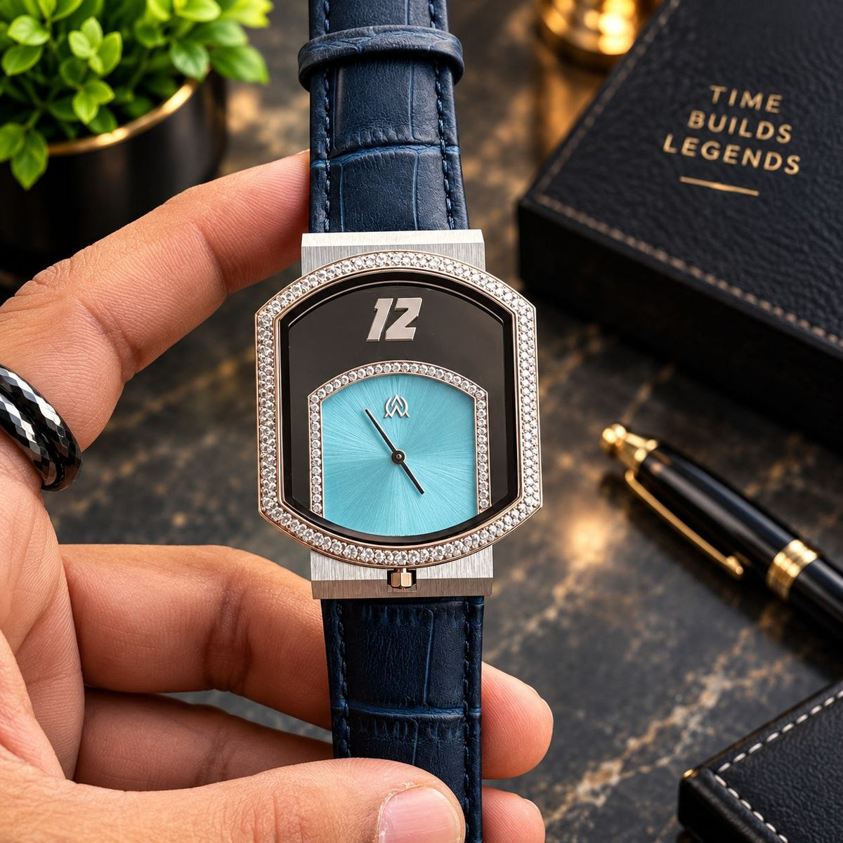 Men’s Ultra-Slim Diamond Watch Aqua Blue, Navy & Silver