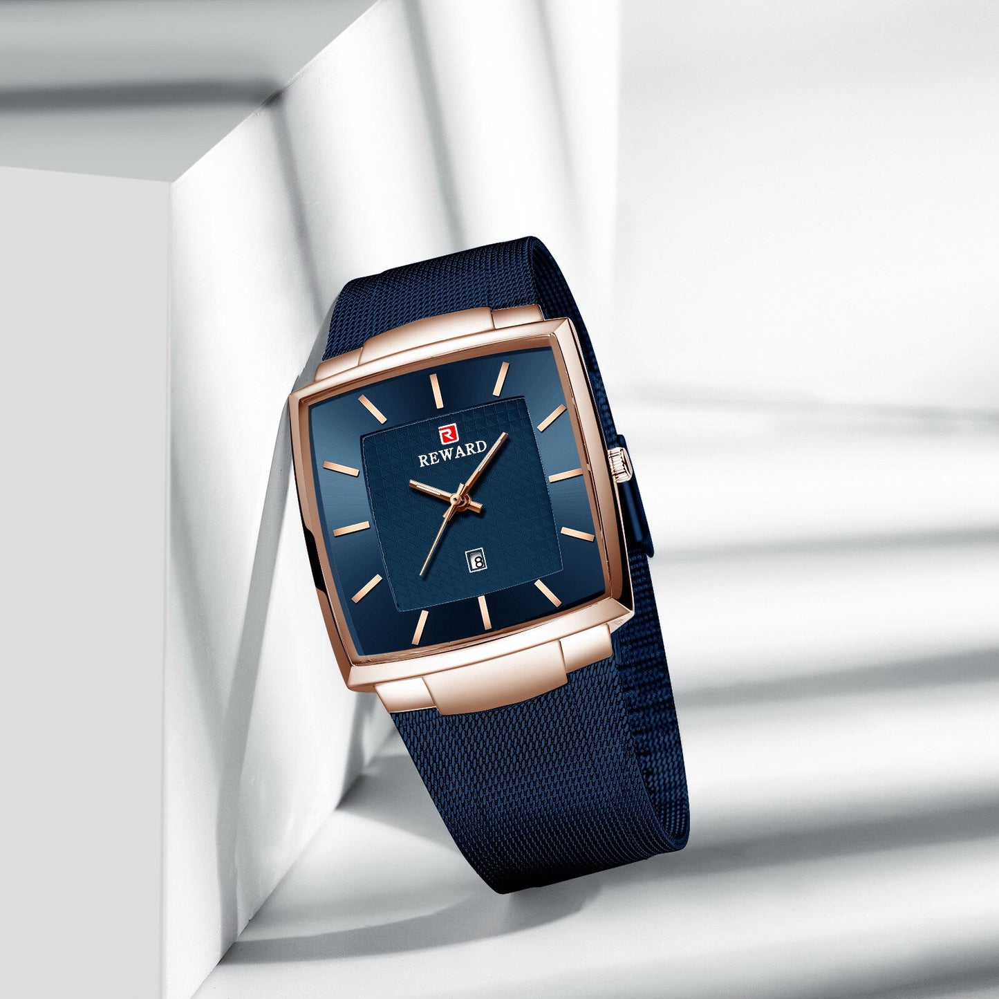 Reward Premium Minimalist Rectangular Mesh Strap Quartz Watch – Blue & RoseGold