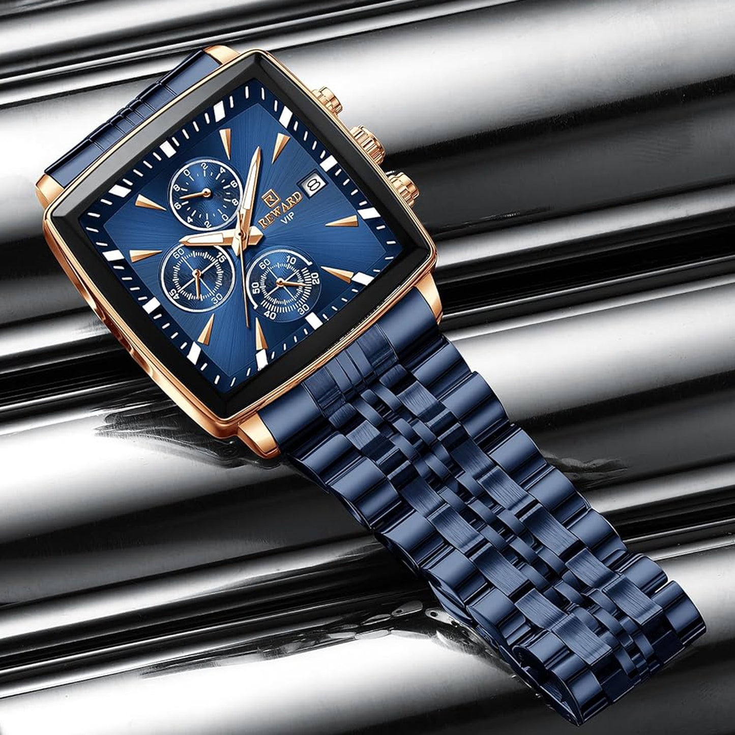 Reward Square Blue & Rose Gold Luxury Luminous Square Quartz Watch
