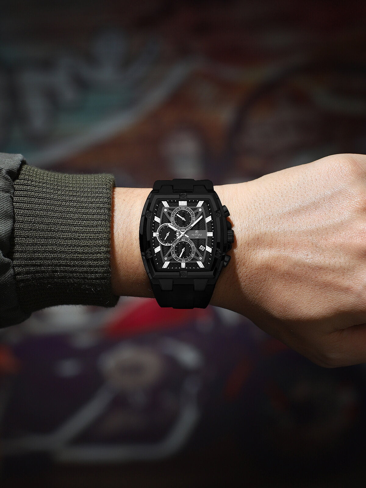 Men's Quartz Chronograph Silicone Watch – Black Case, Black Dial