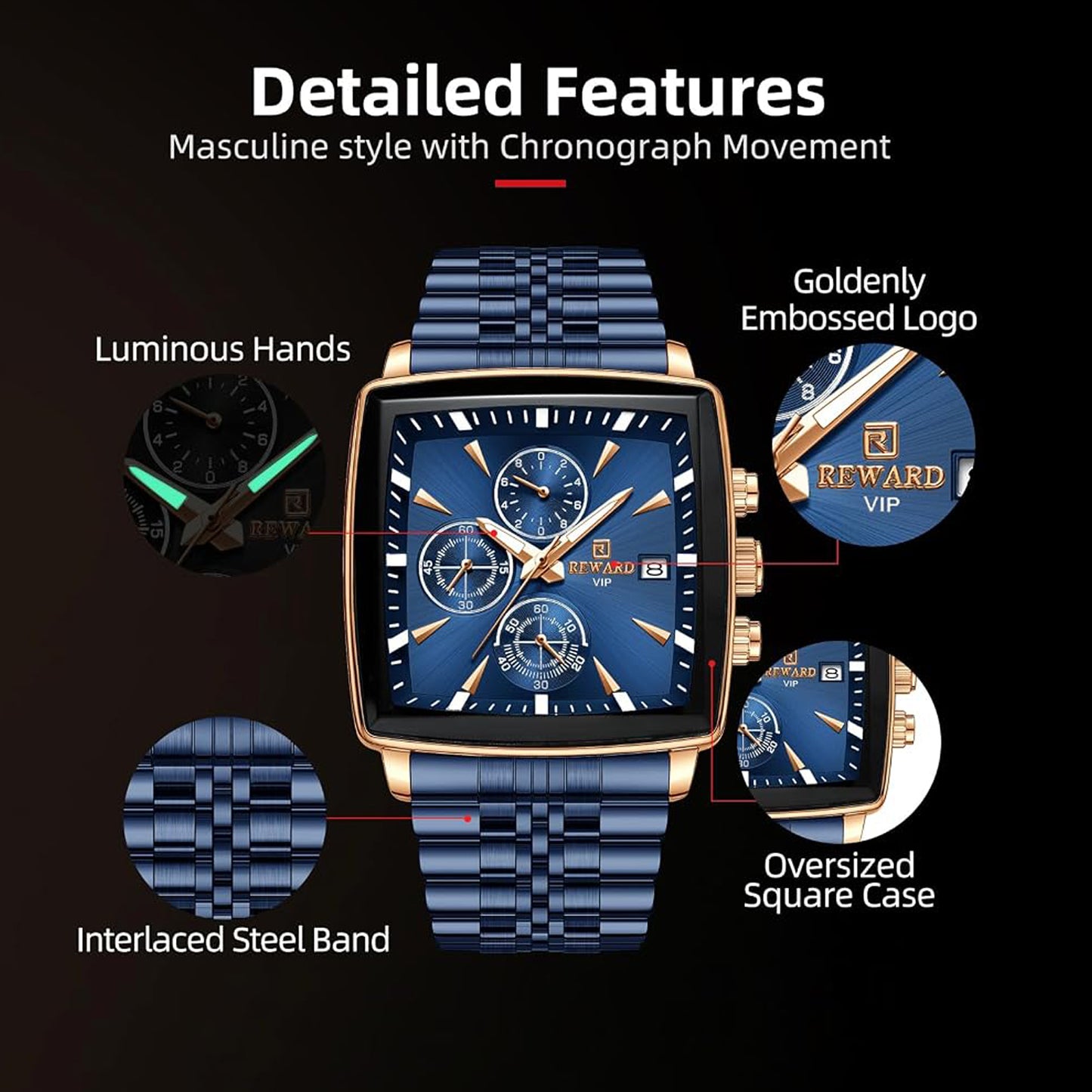 Reward Square Blue & Rose Gold Luxury Luminous Square Quartz Watch