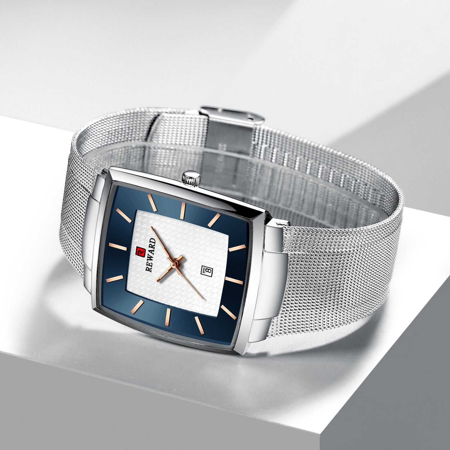 Reward Silver & Blue Rectangular Luxury Quartz Watch For Men