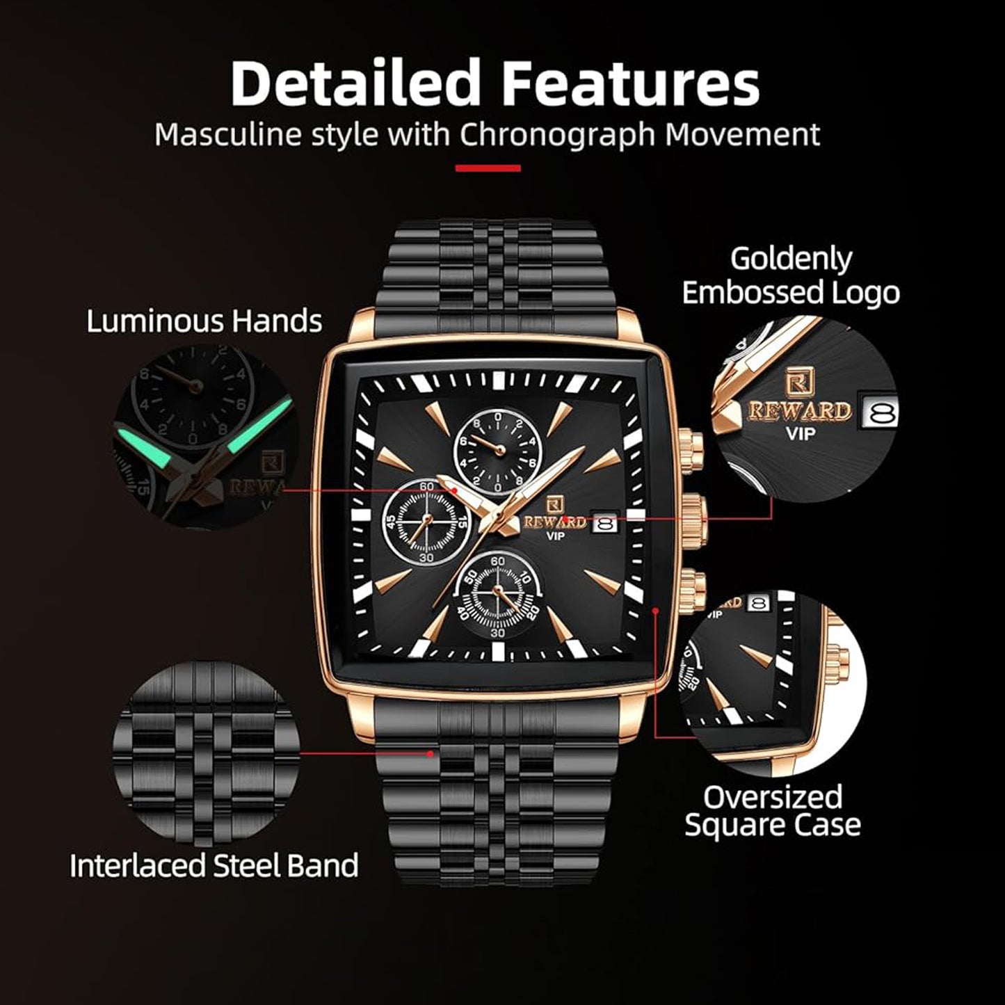 Reward Square Black & Rose Gold Multi-Function Men's Watch