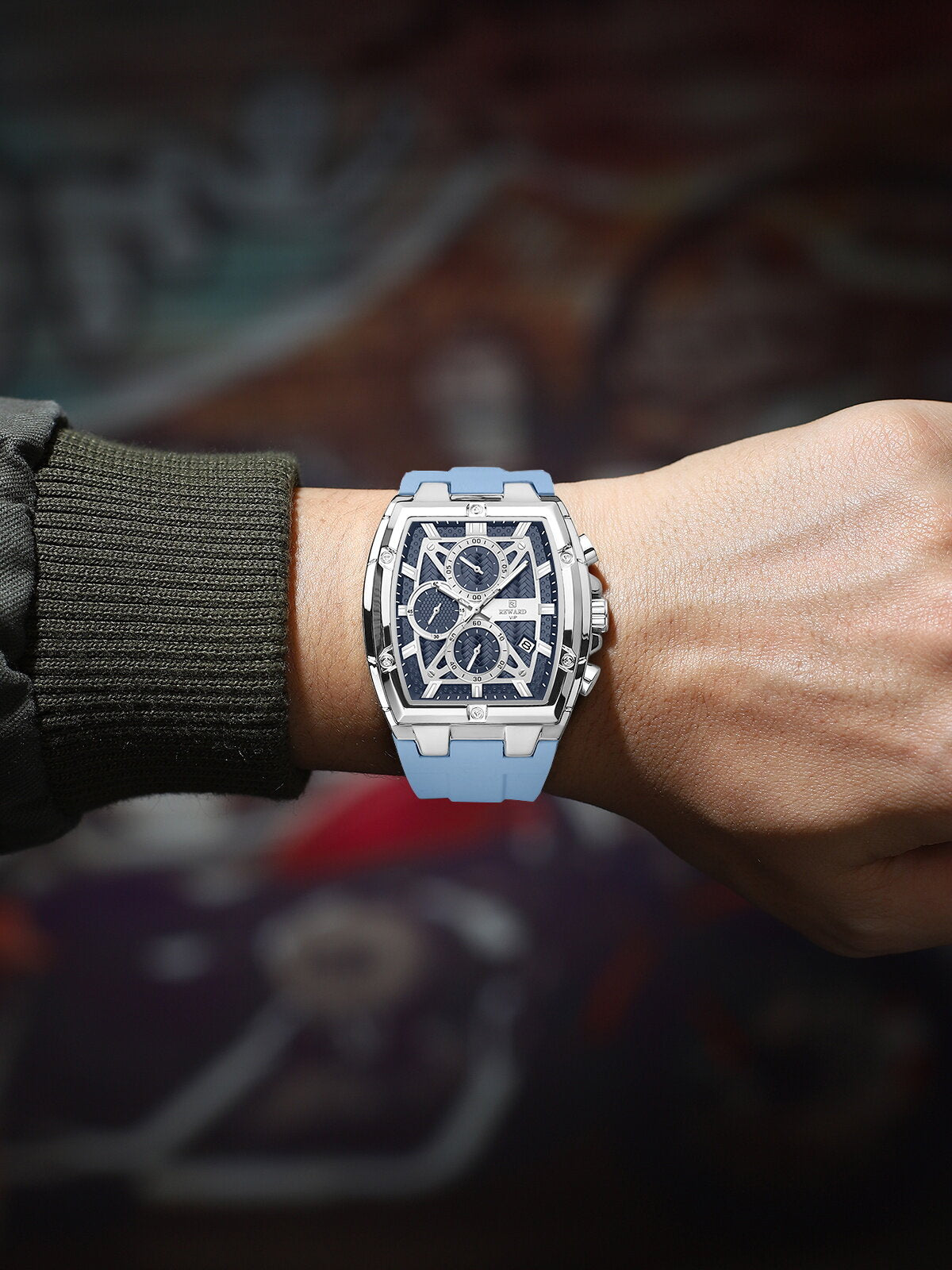 Men's Quartz Chronograph Silicone Watch – Silver Case, Blue Dial