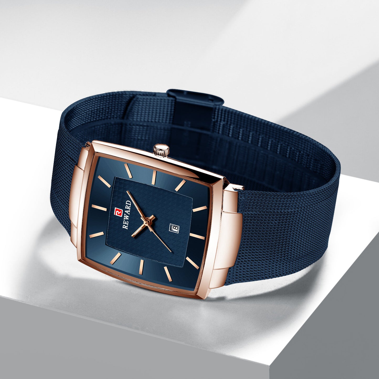 Reward Premium Minimalist Rectangular Mesh Strap Quartz Watch – Blue & RoseGold