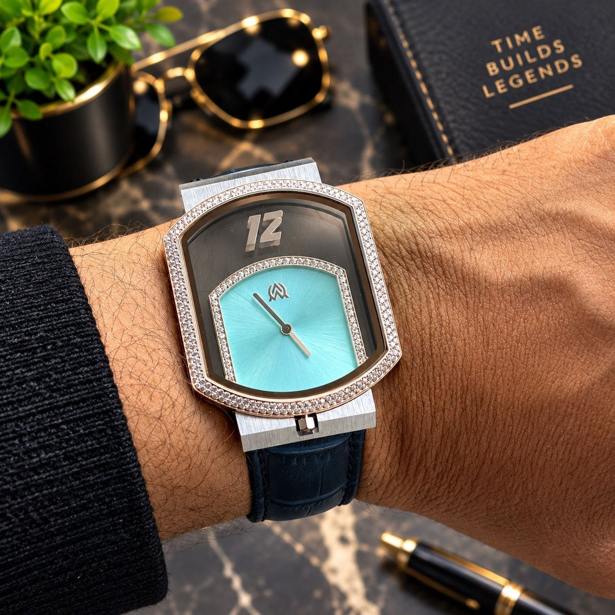 Men’s Ultra-Slim Diamond Watch Aqua Blue, Navy & Silver