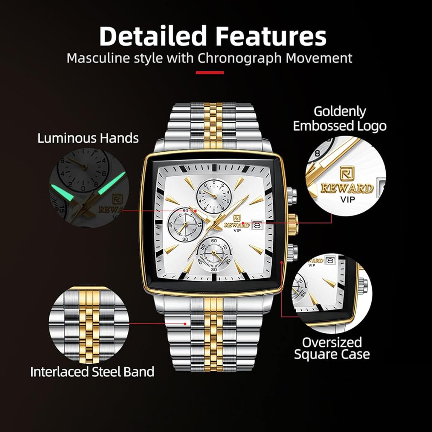 Reward Square White Dial Multi-Function Watch For Men