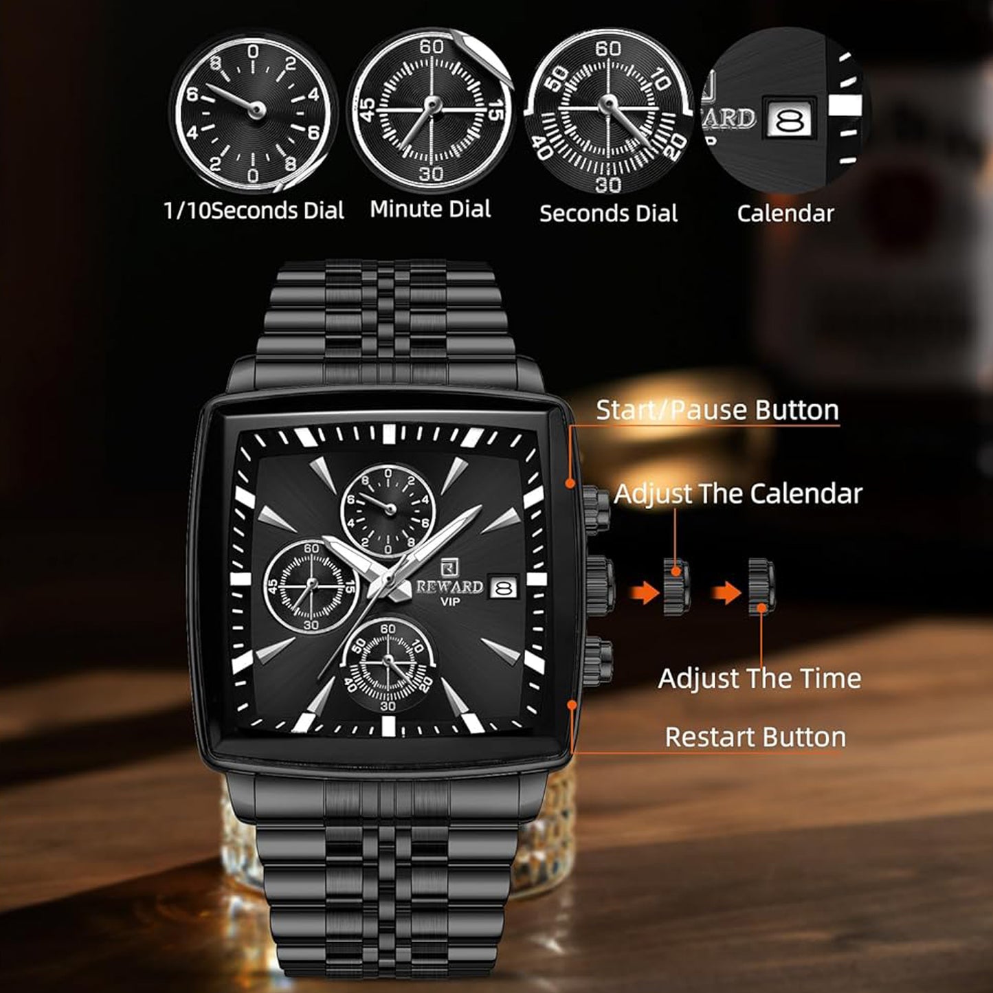 Reward Black Multi-Function Men's Square Quartz Watch