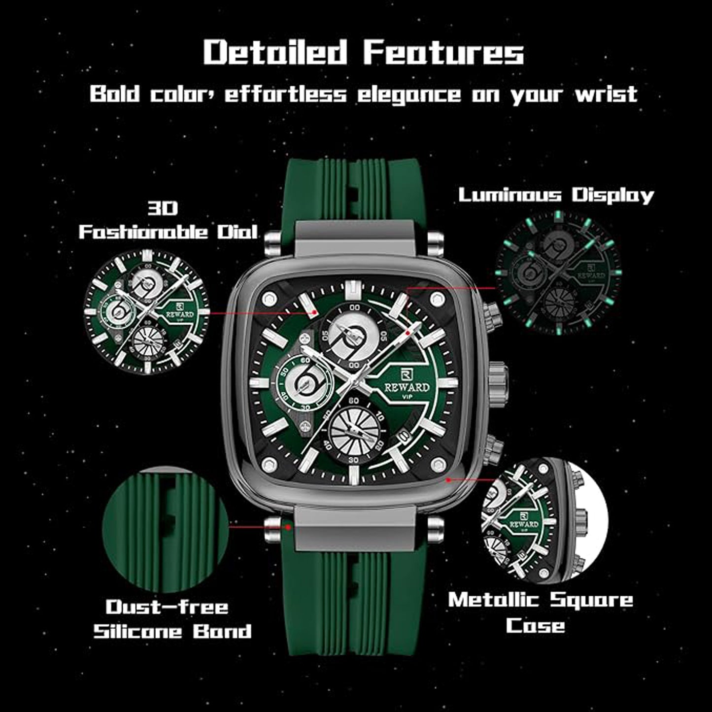 Reward VIP Analog Green Square Dial Men's Watch