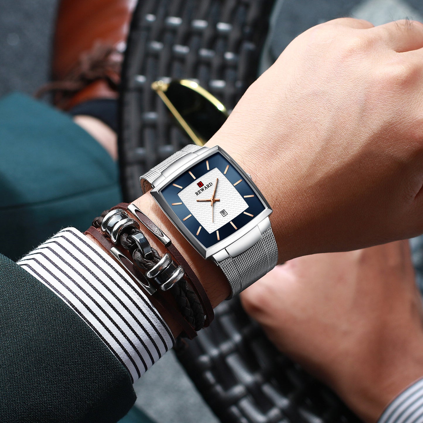 Reward Silver & Blue Rectangular Luxury Quartz Watch For Men