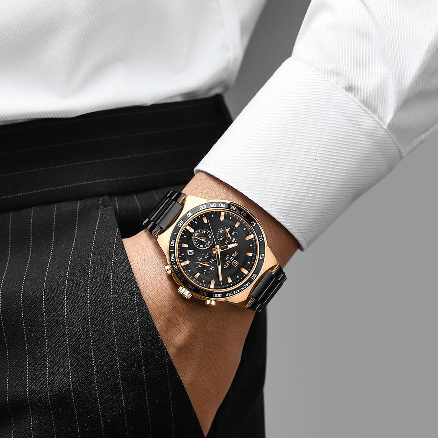 Men's Chronograph Quartz Watch – Rose Gold & Black Edition