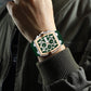 Men's Quartz Chronograph Silicone Watch – Silver & Rose Gold Case, Green Dial