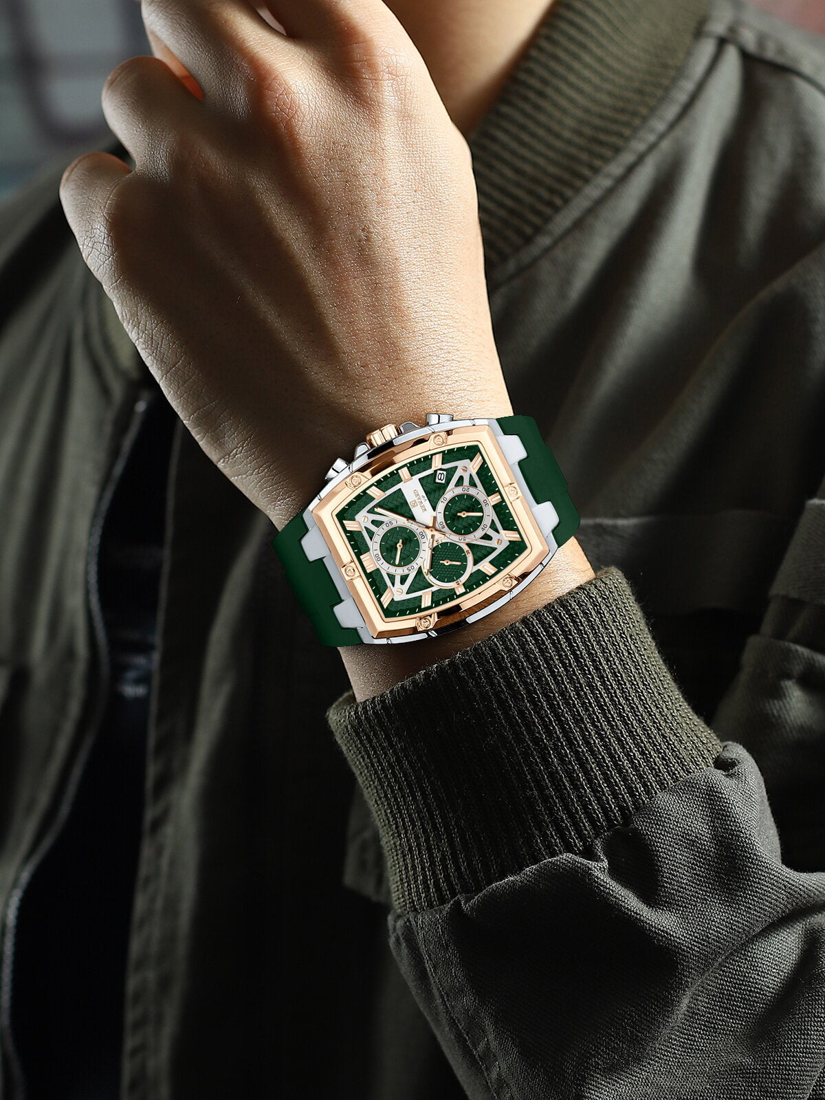 Men's Quartz Chronograph Silicone Watch – Silver & Rose Gold Case, Green Dial