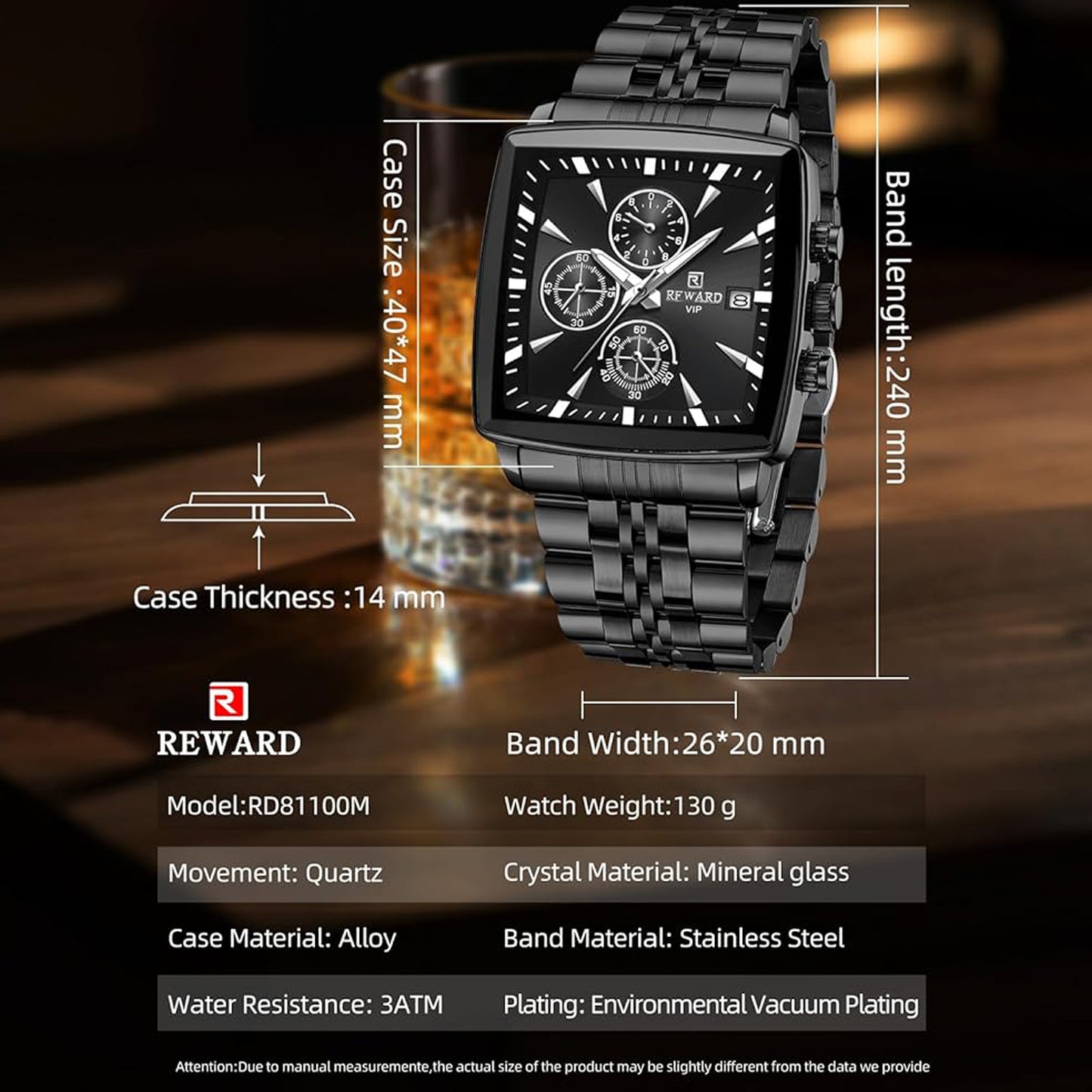 Reward Black Multi-Function Men's Square Quartz Watch