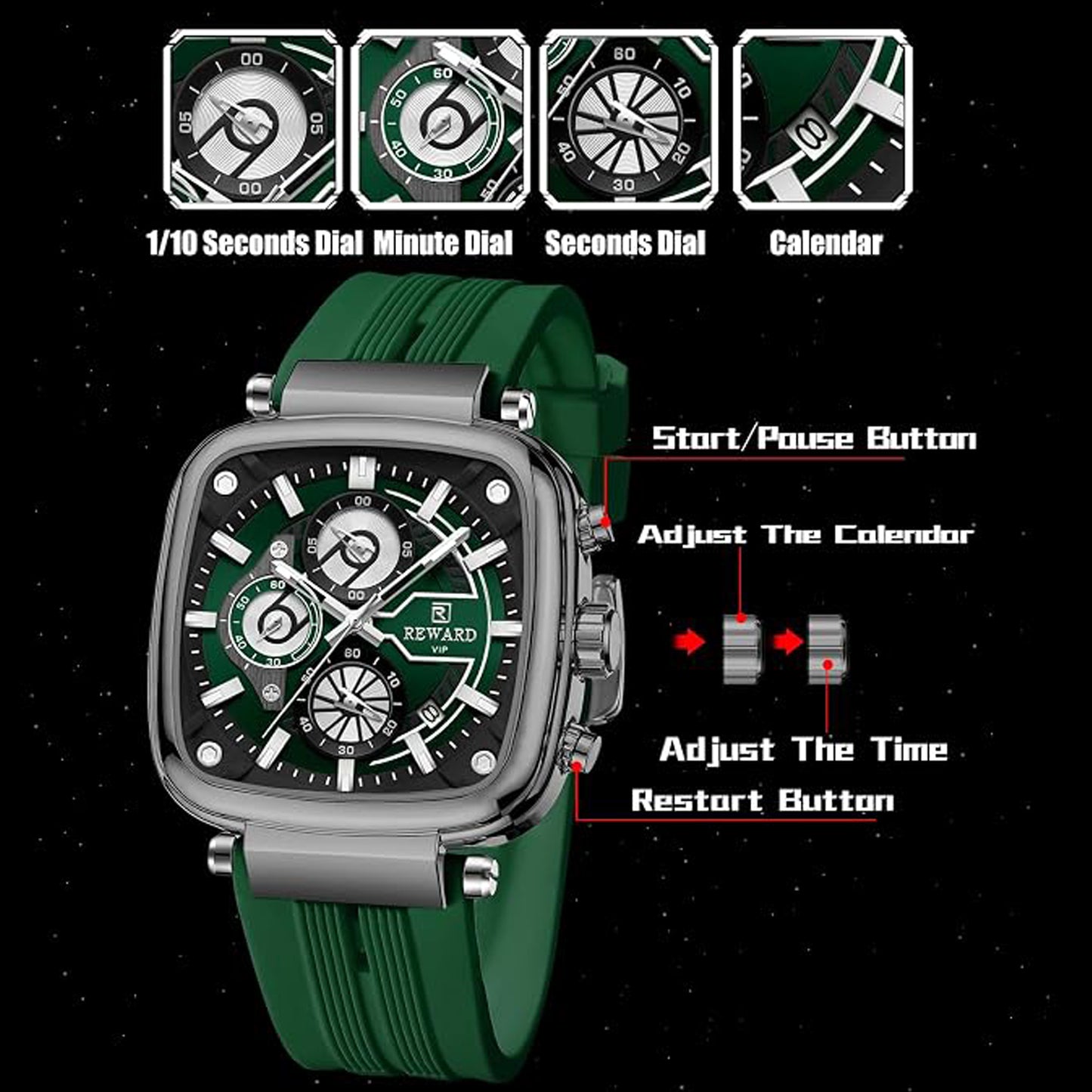 Reward VIP Analog Green Square Dial Men's Watch