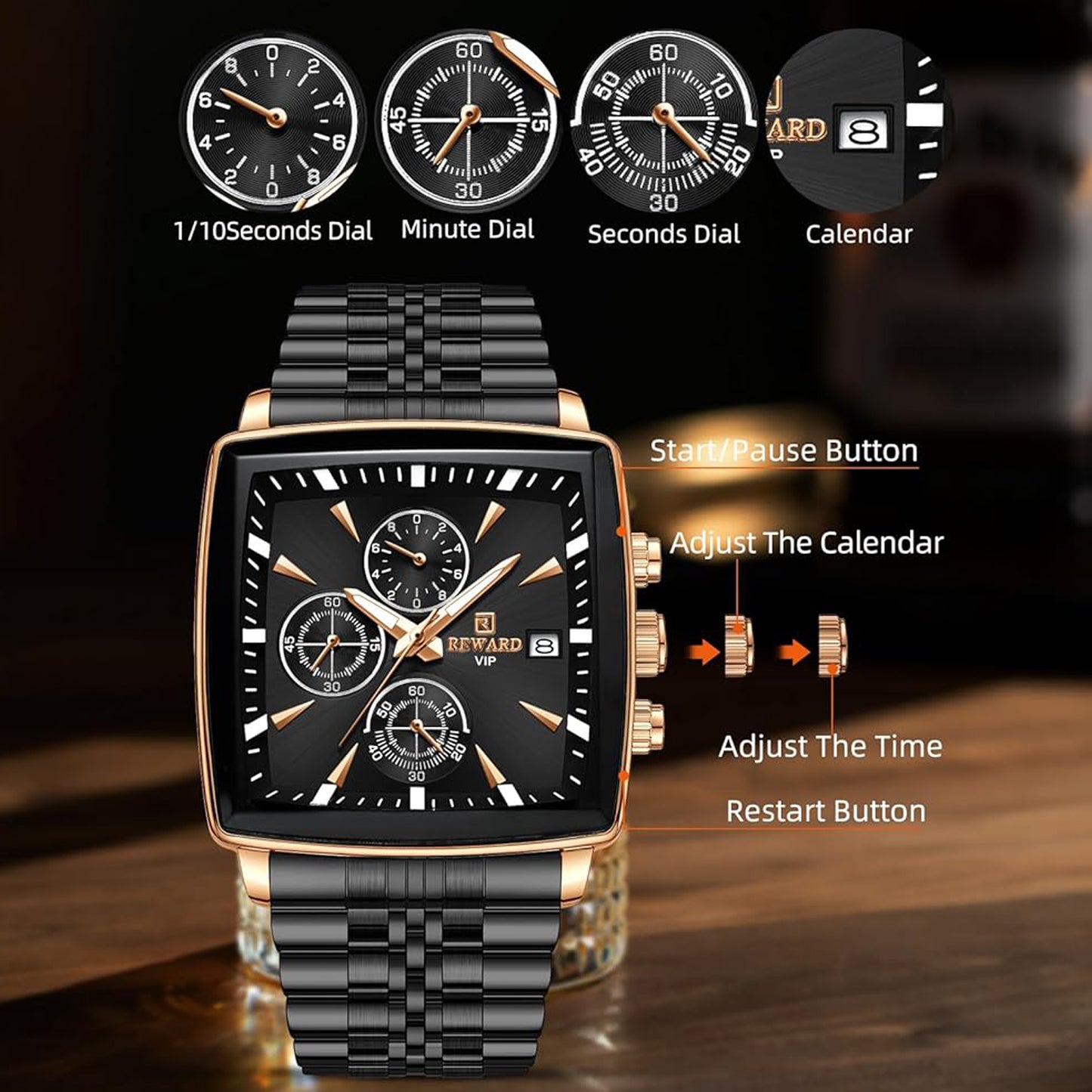 Reward Square Black & Rose Gold Multi-Function Men's Watch