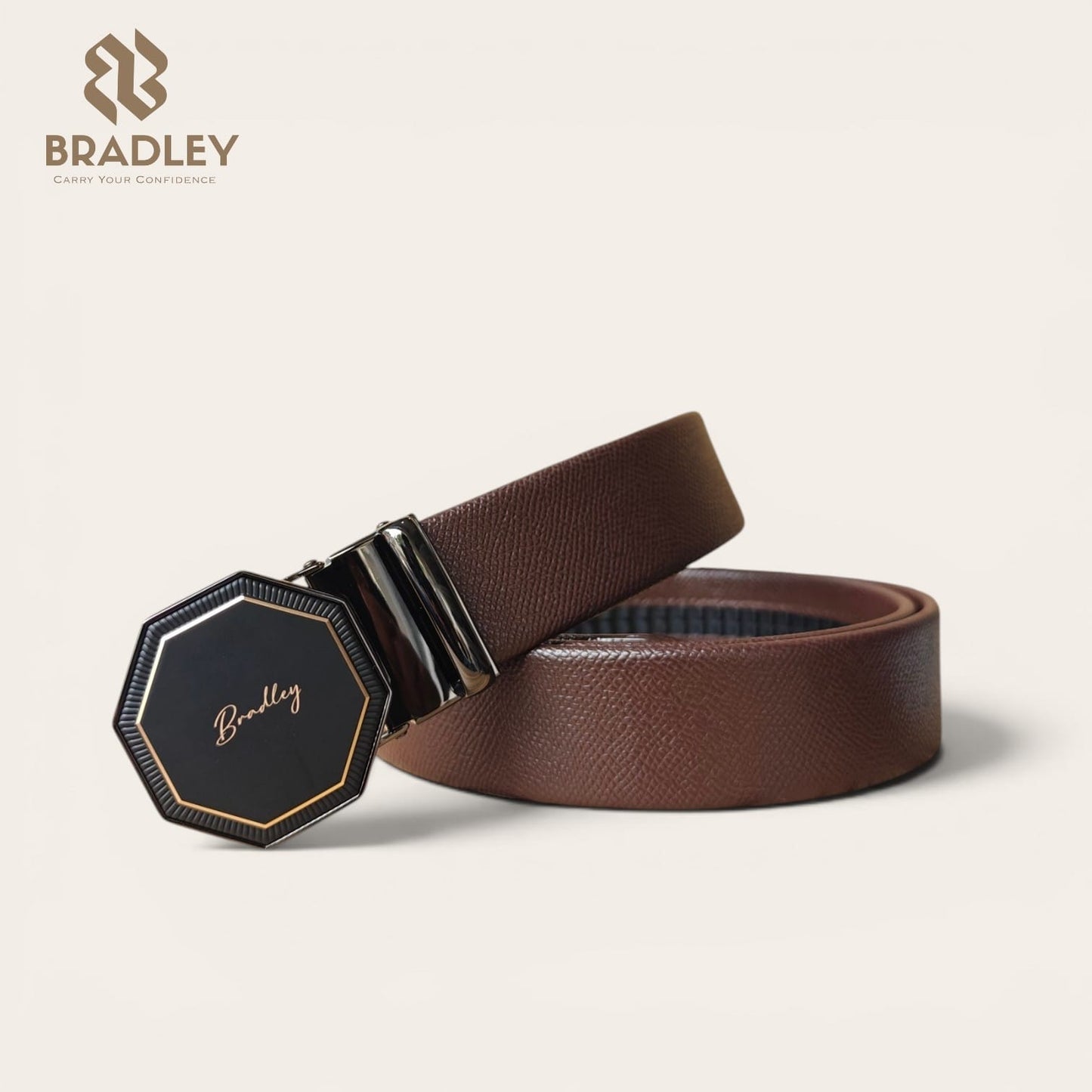 Leather Hexagonal Auto-Lock Belt With A Bordered Buckle