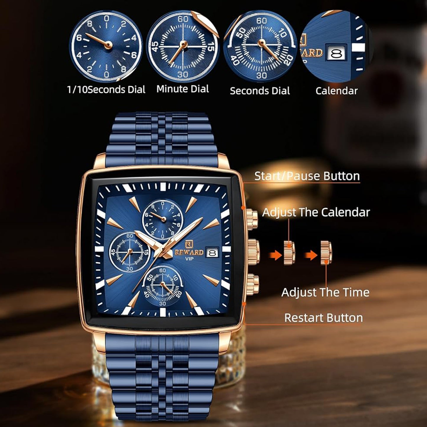 Reward Square Blue & Rose Gold Luxury Luminous Square Quartz Watch