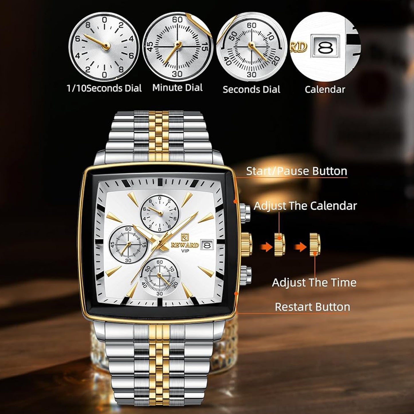 Reward Square White Dial Multi-Function Watch For Men