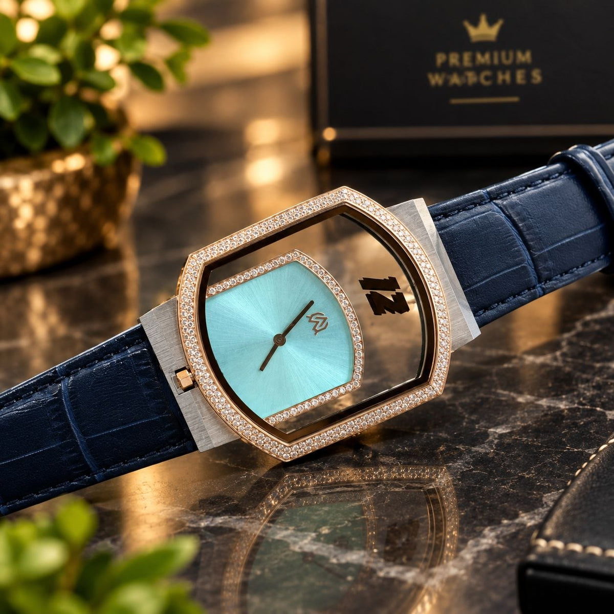 Men’s Ultra-Slim Diamond Watch Aqua Blue, Navy & Silver