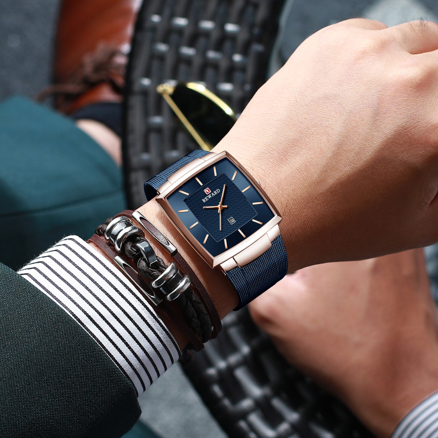 Reward Premium Minimalist Rectangular Mesh Strap Quartz Watch – Blue & RoseGold