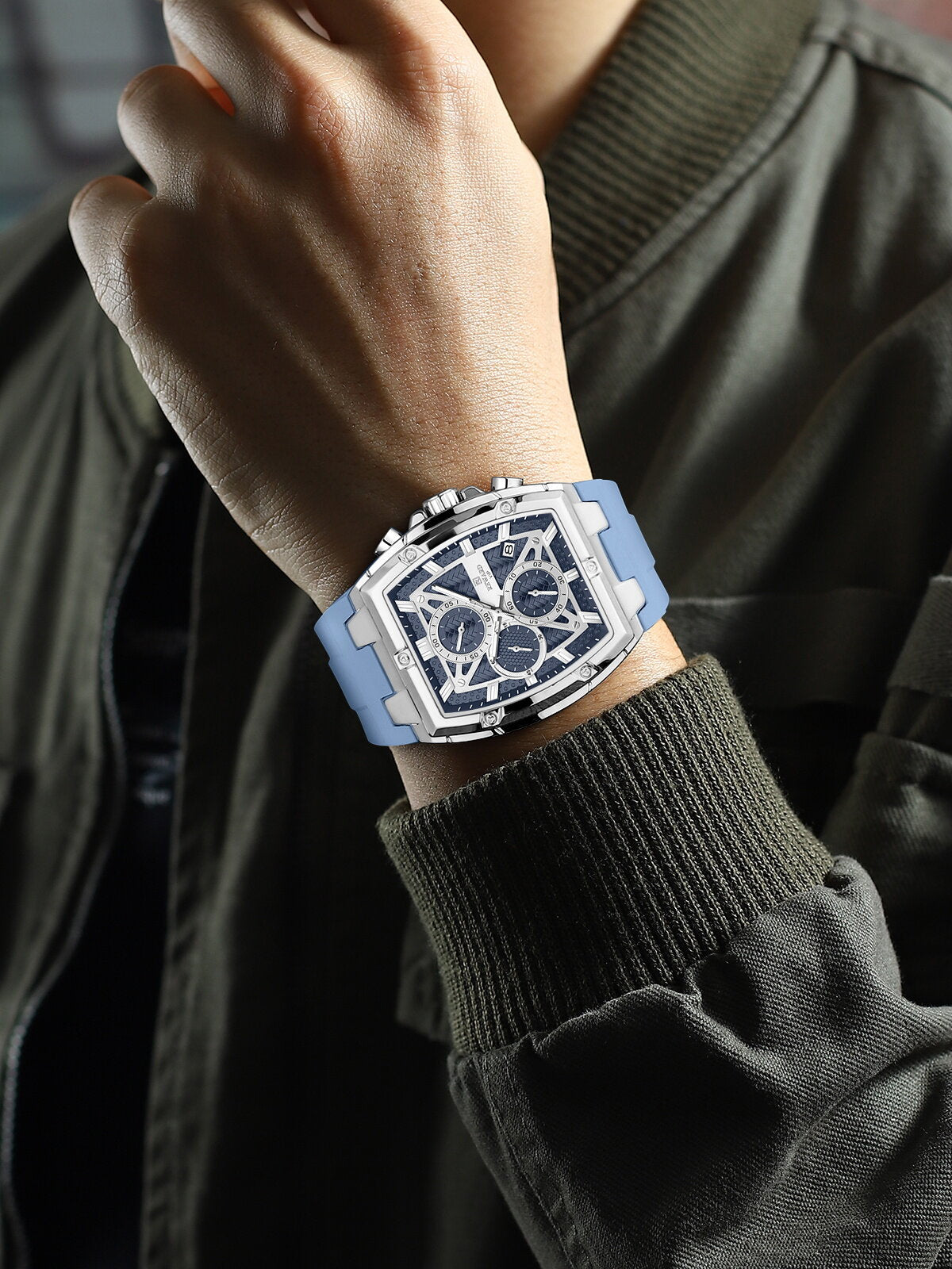Men's Quartz Chronograph Silicone Watch – Silver Case, Blue Dial