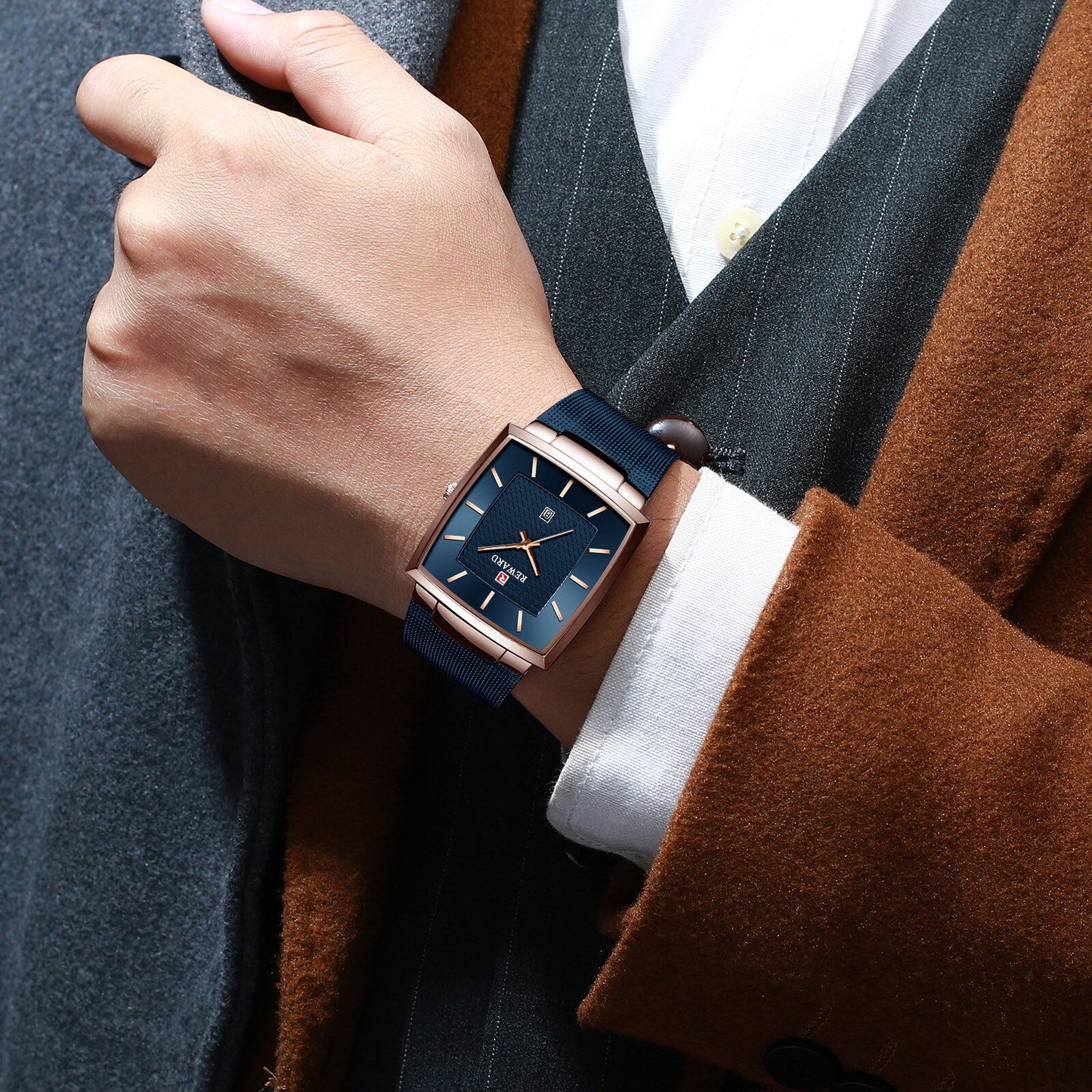 Reward Premium Minimalist Rectangular Mesh Strap Quartz Watch – Blue & RoseGold