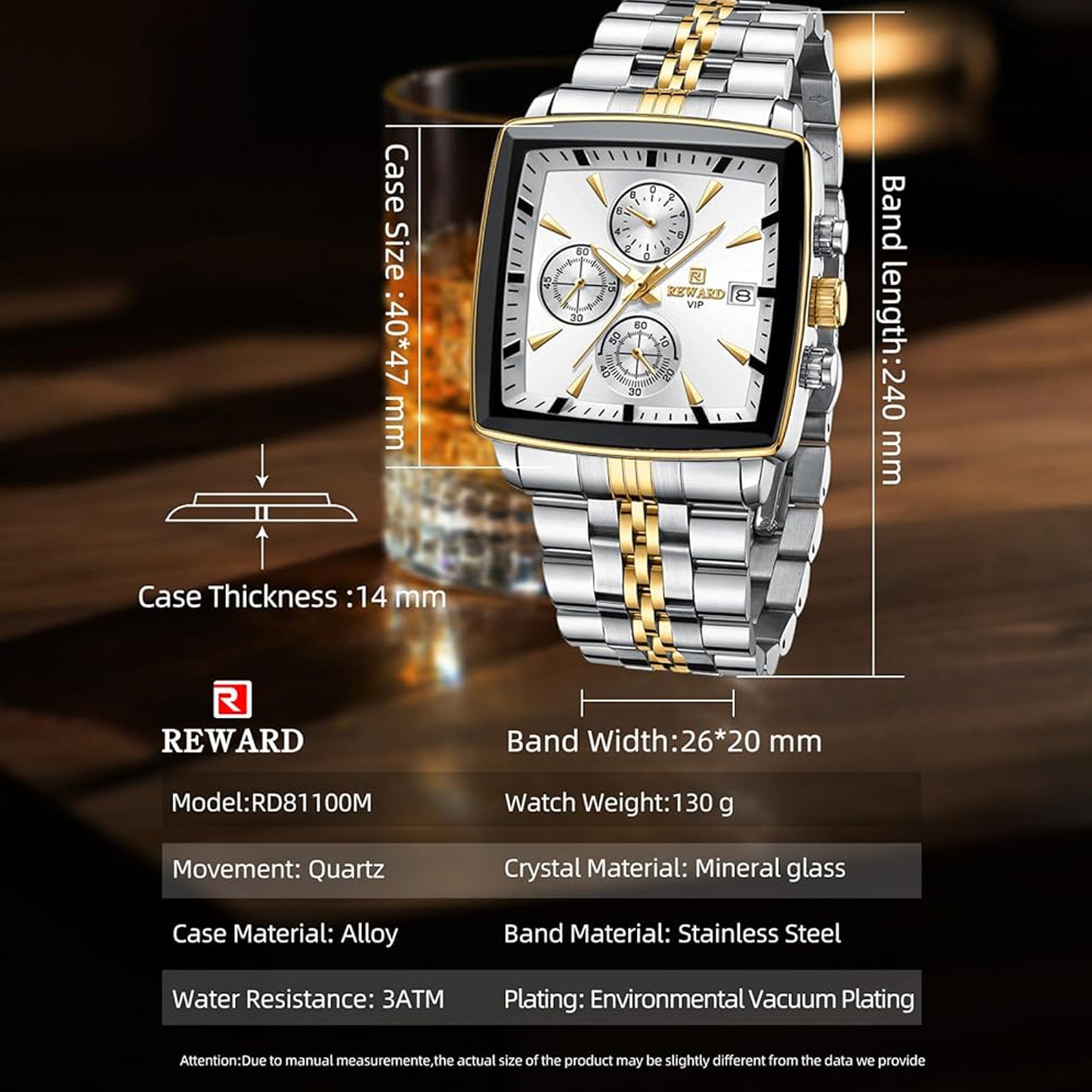 Reward Square White Dial Multi-Function Watch For Men