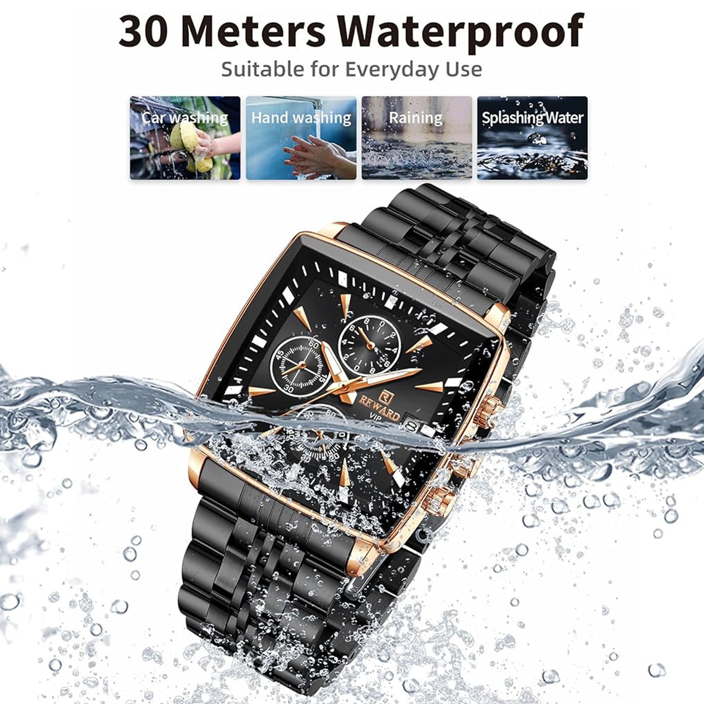 Reward Square Black & Rose Gold Multi-Function Men's Watch