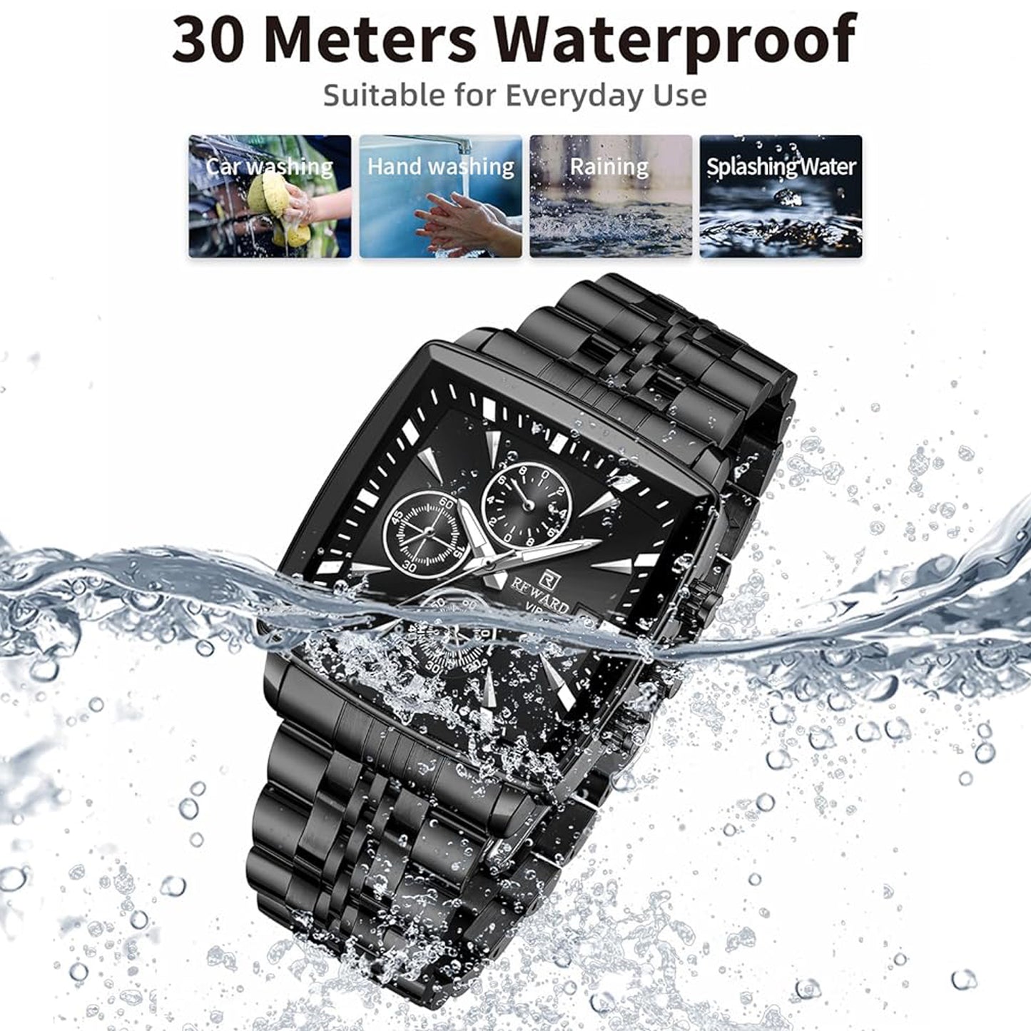 Reward Black Multi-Function Men's Square Quartz Watch