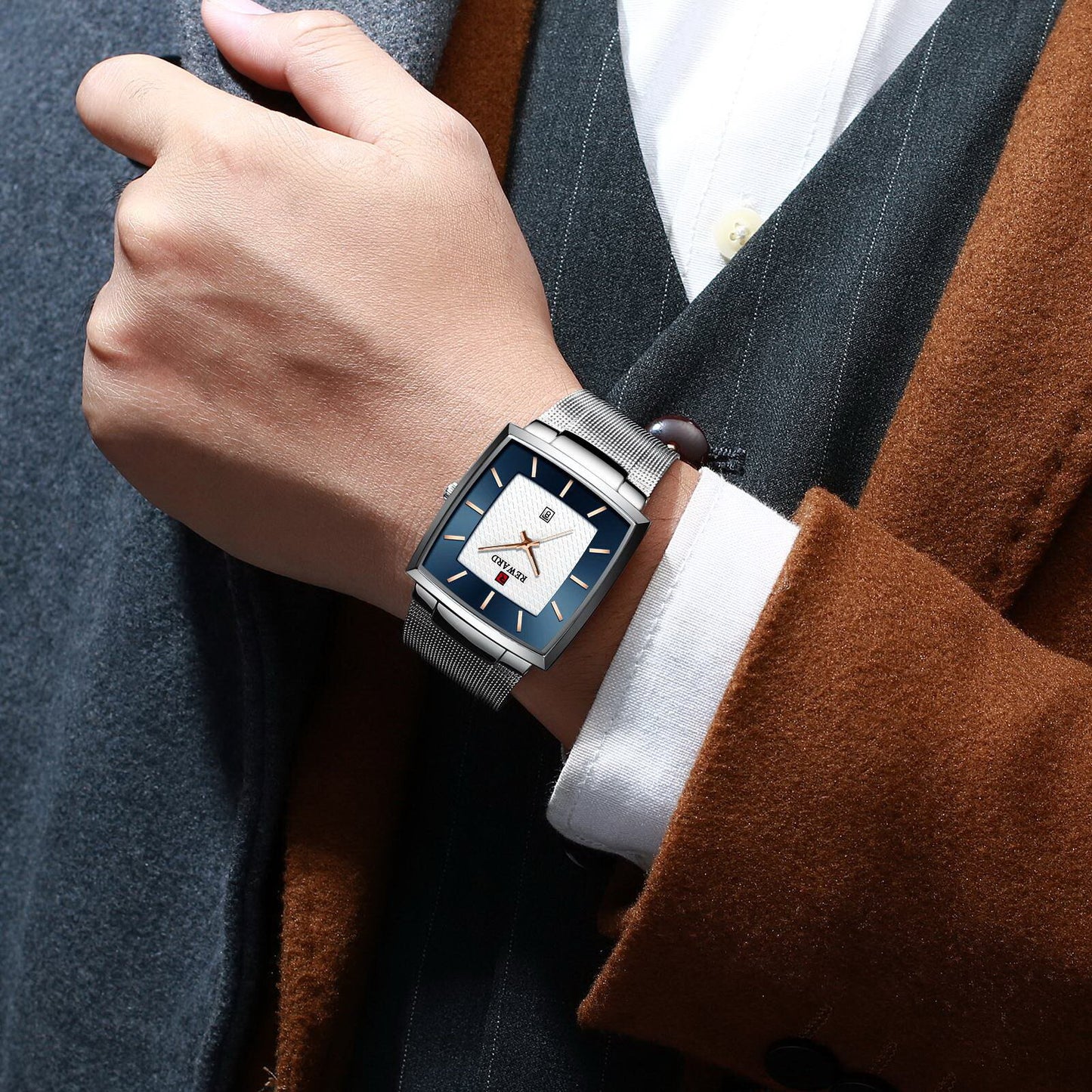 Reward Silver & Blue Rectangular Luxury Quartz Watch For Men