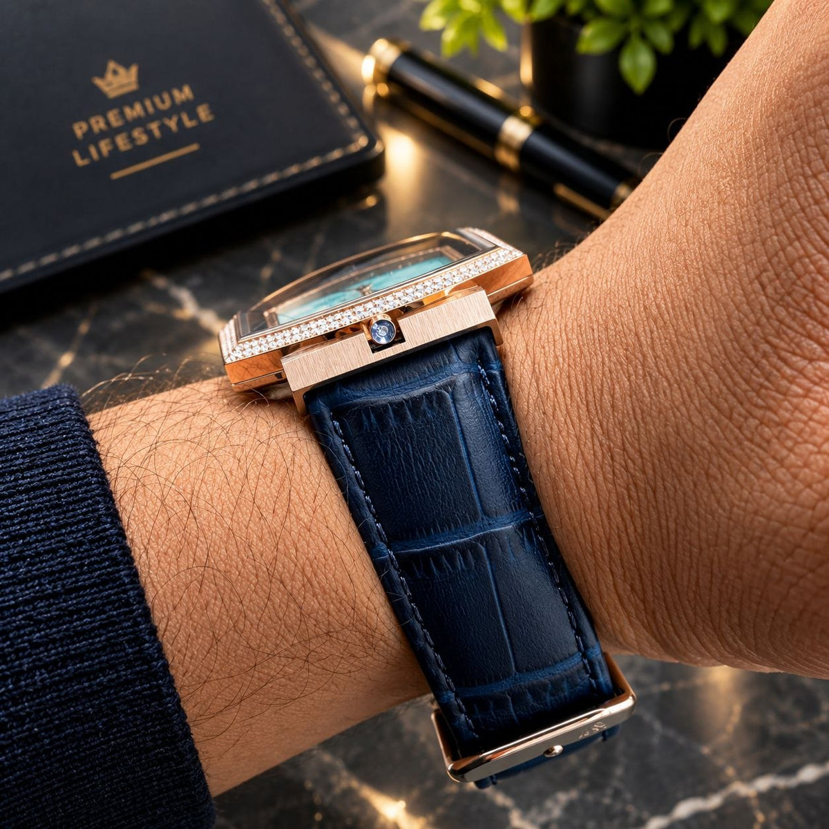Men’s Ultra-Slim Diamond Watch Aqua Blue, Navy & Silver