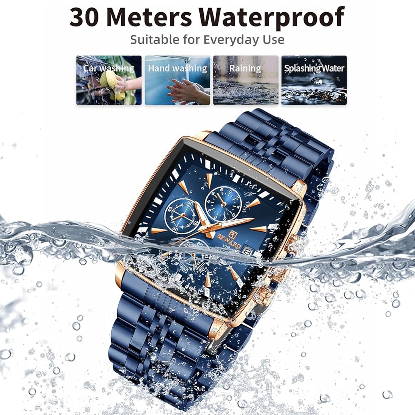 Reward Square Blue & Rose Gold Luxury Luminous Square Quartz Watch