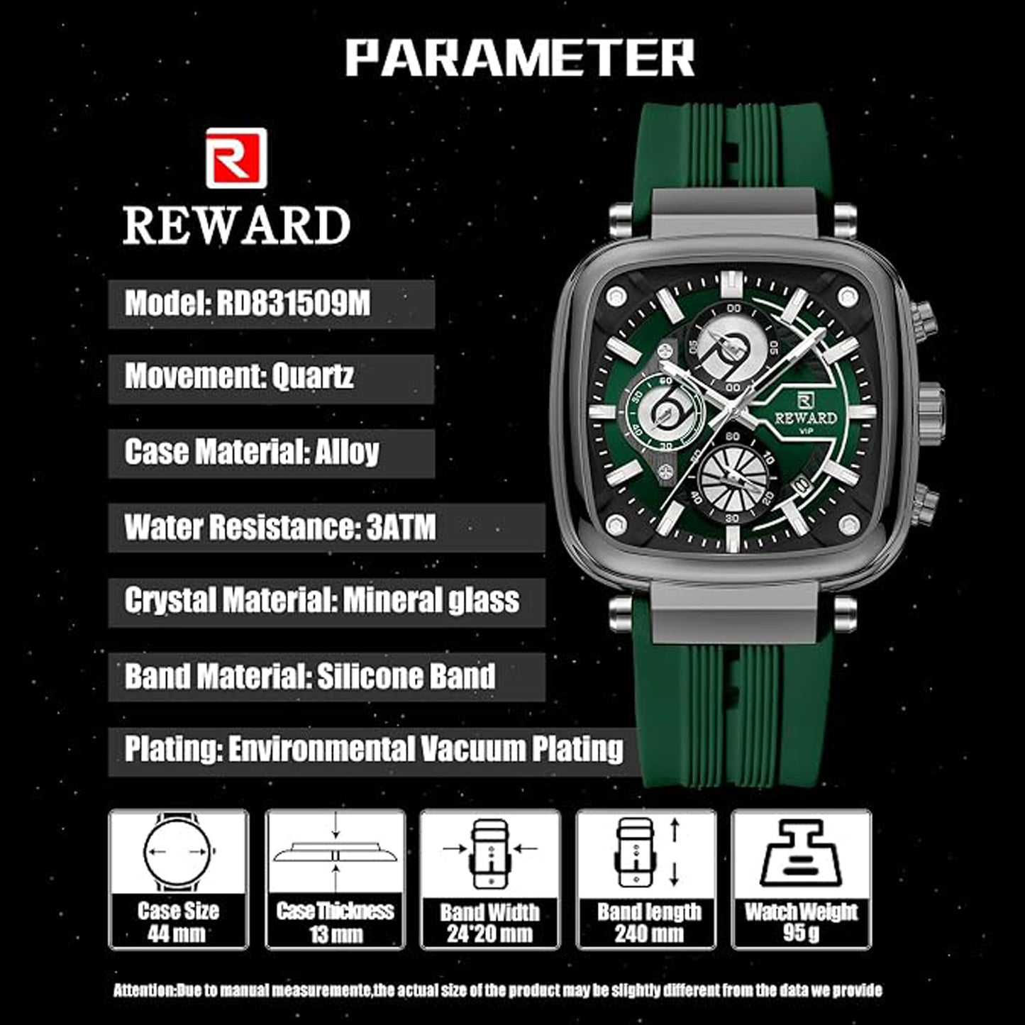 Reward VIP Analog Green Square Dial Men's Watch
