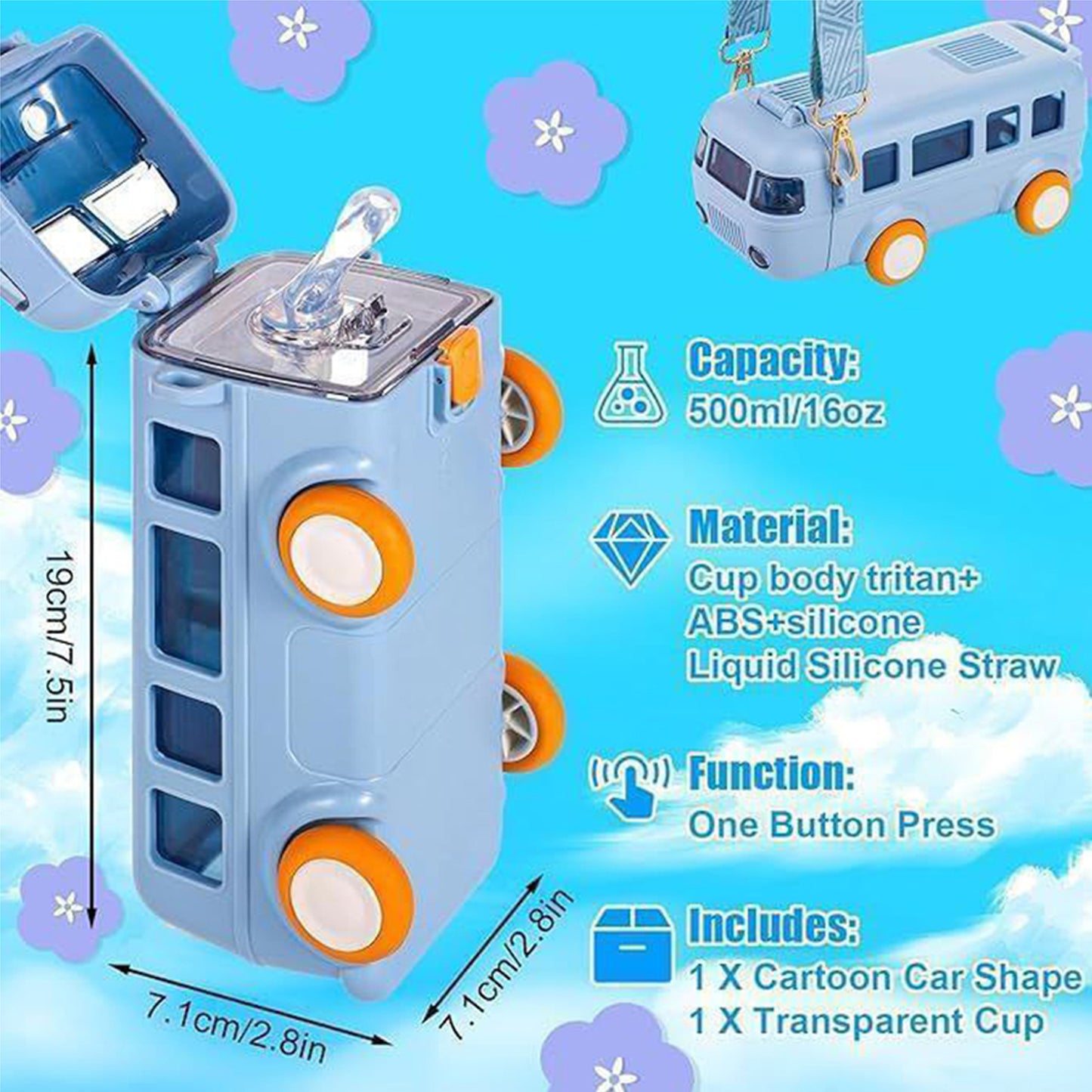 Bus Shape Kids Water Bottle With Straw, Leakproof Kids Toys
