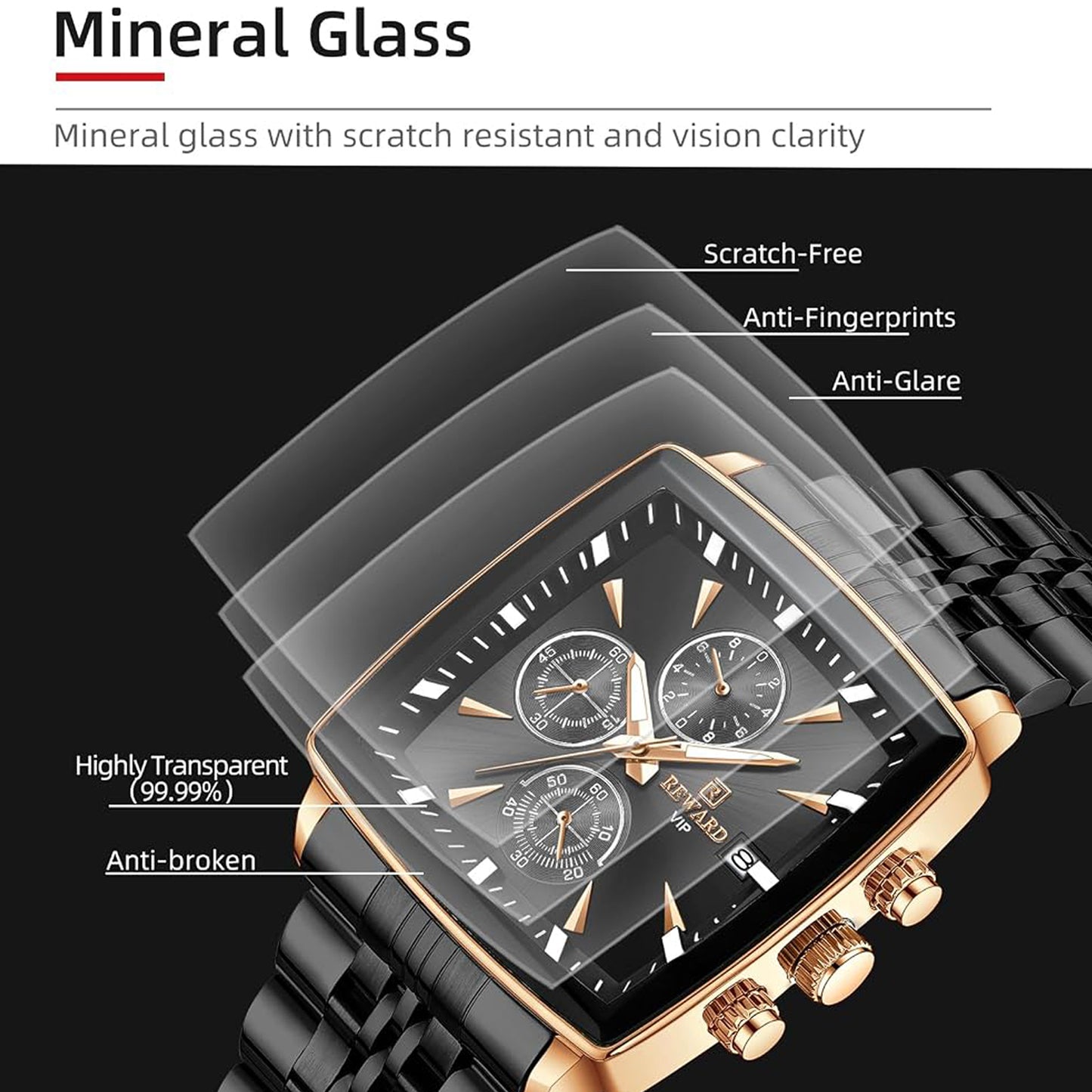 Reward Square Black & Rose Gold Multi-Function Men's Watch