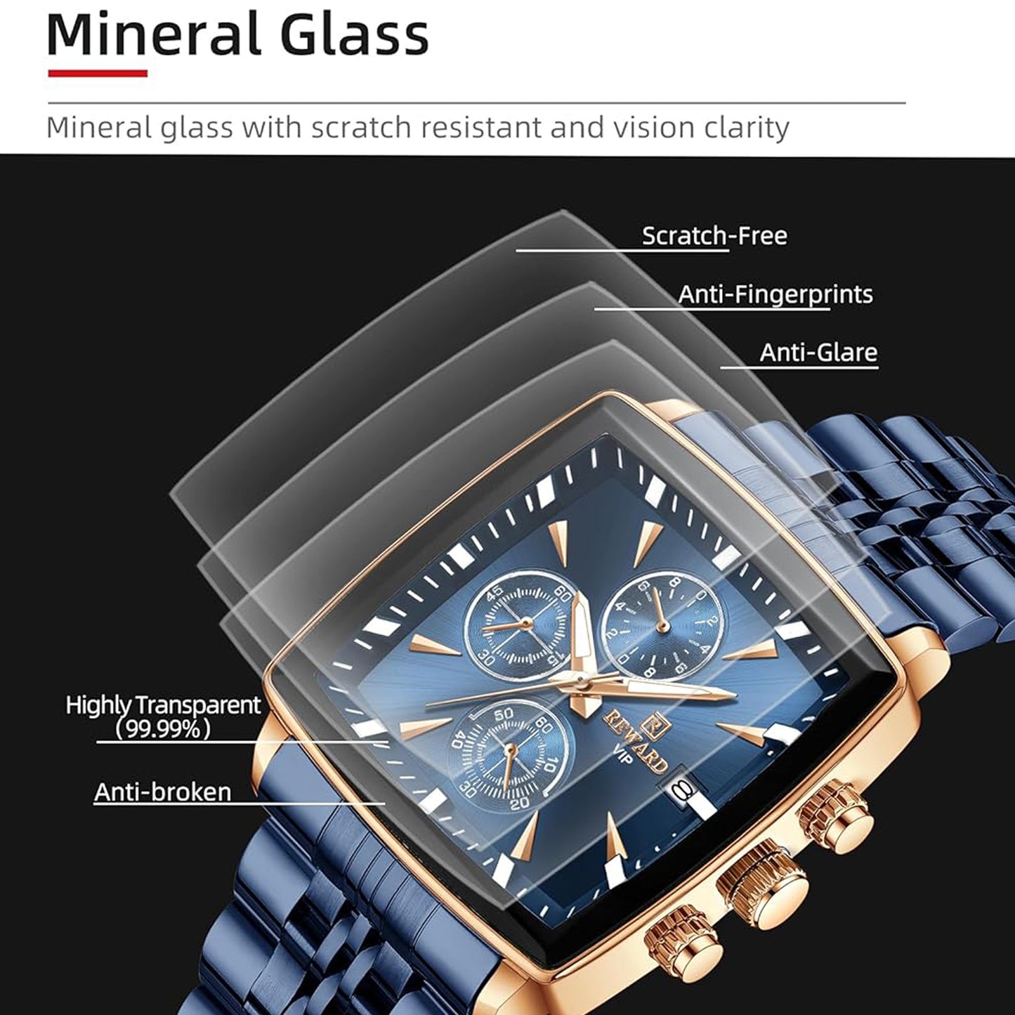Reward Square Blue & Rose Gold Luxury Luminous Square Quartz Watch
