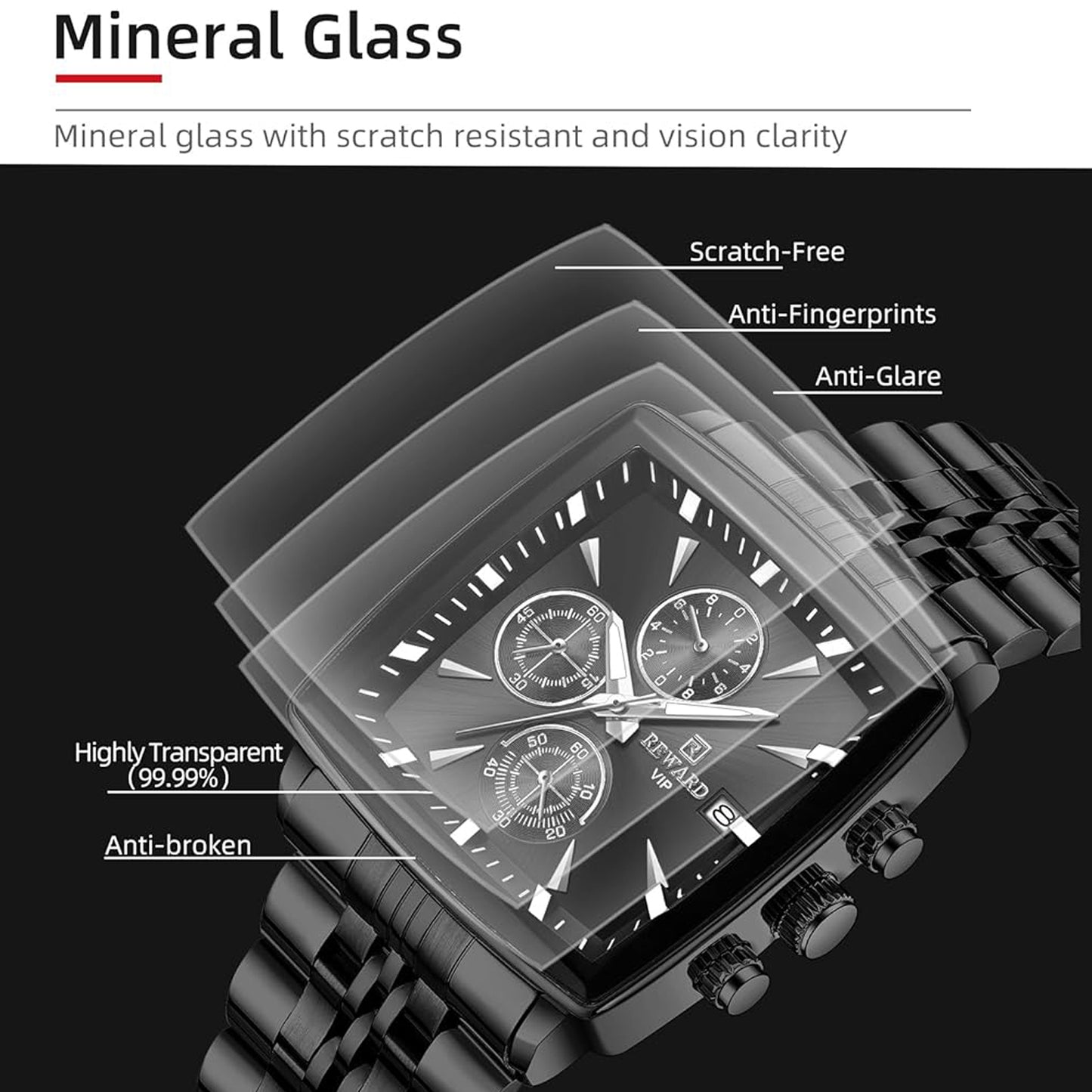 Reward Black Multi-Function Men's Square Quartz Watch