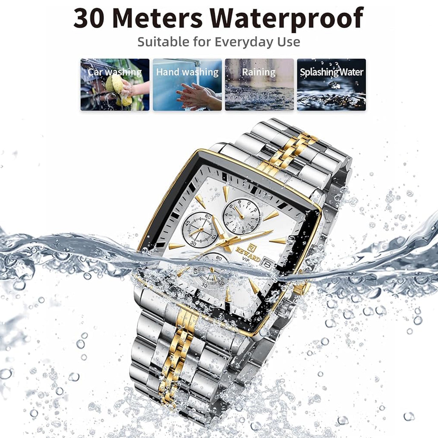Reward Square White Dial Multi-Function Watch For Men