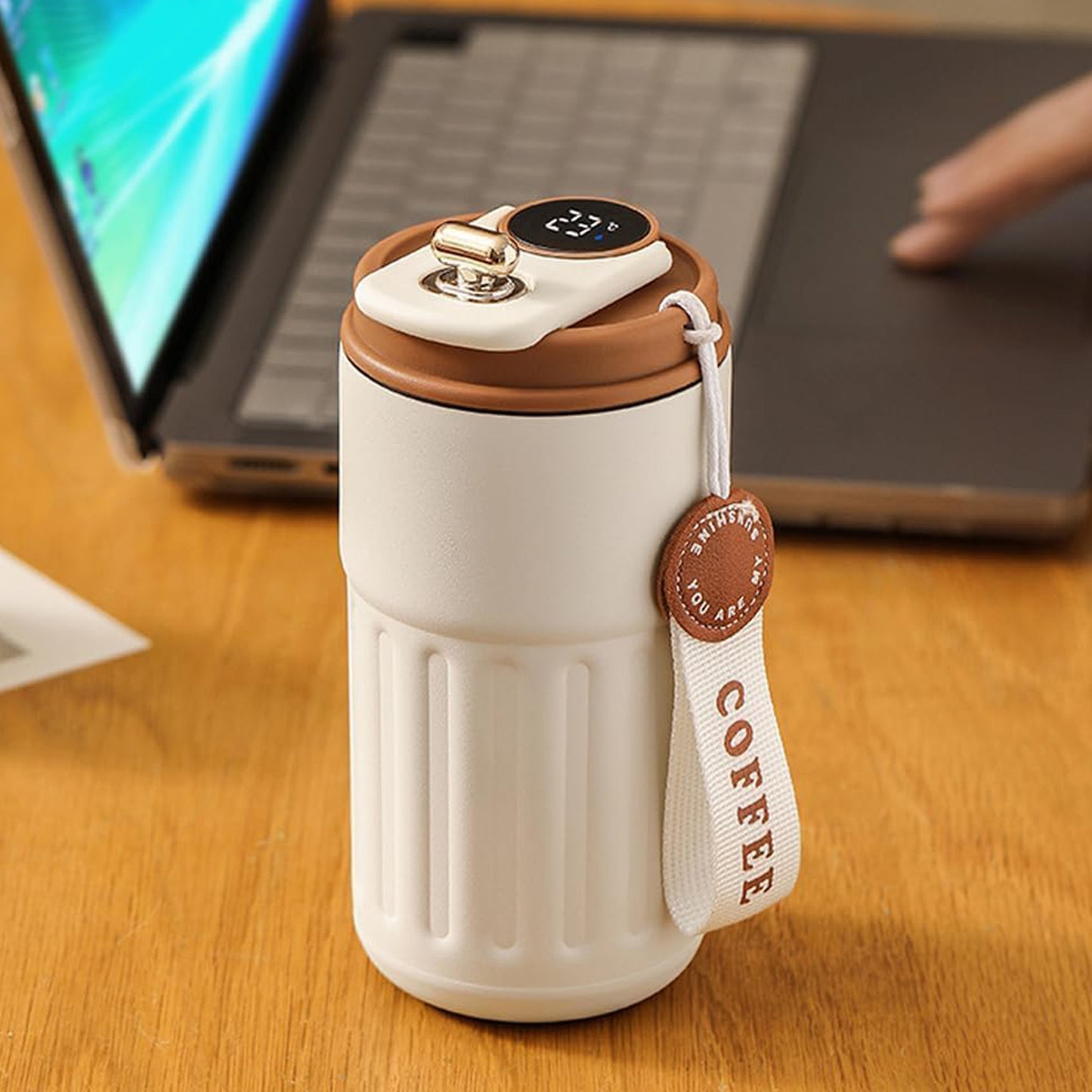 Digital Temperature Thermos Mug 460ml (White Brown)