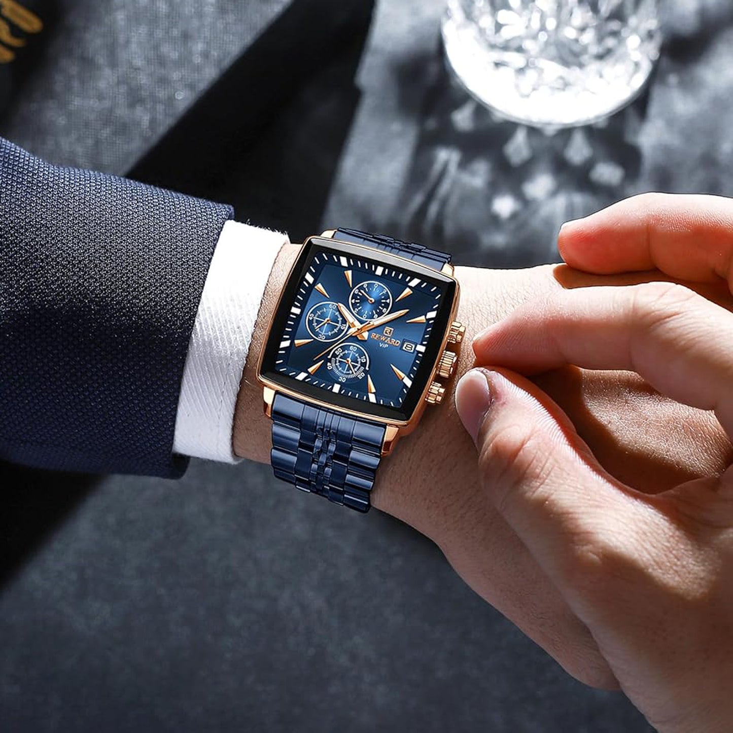 Reward Square Blue & Rose Gold Luxury Luminous Square Quartz Watch