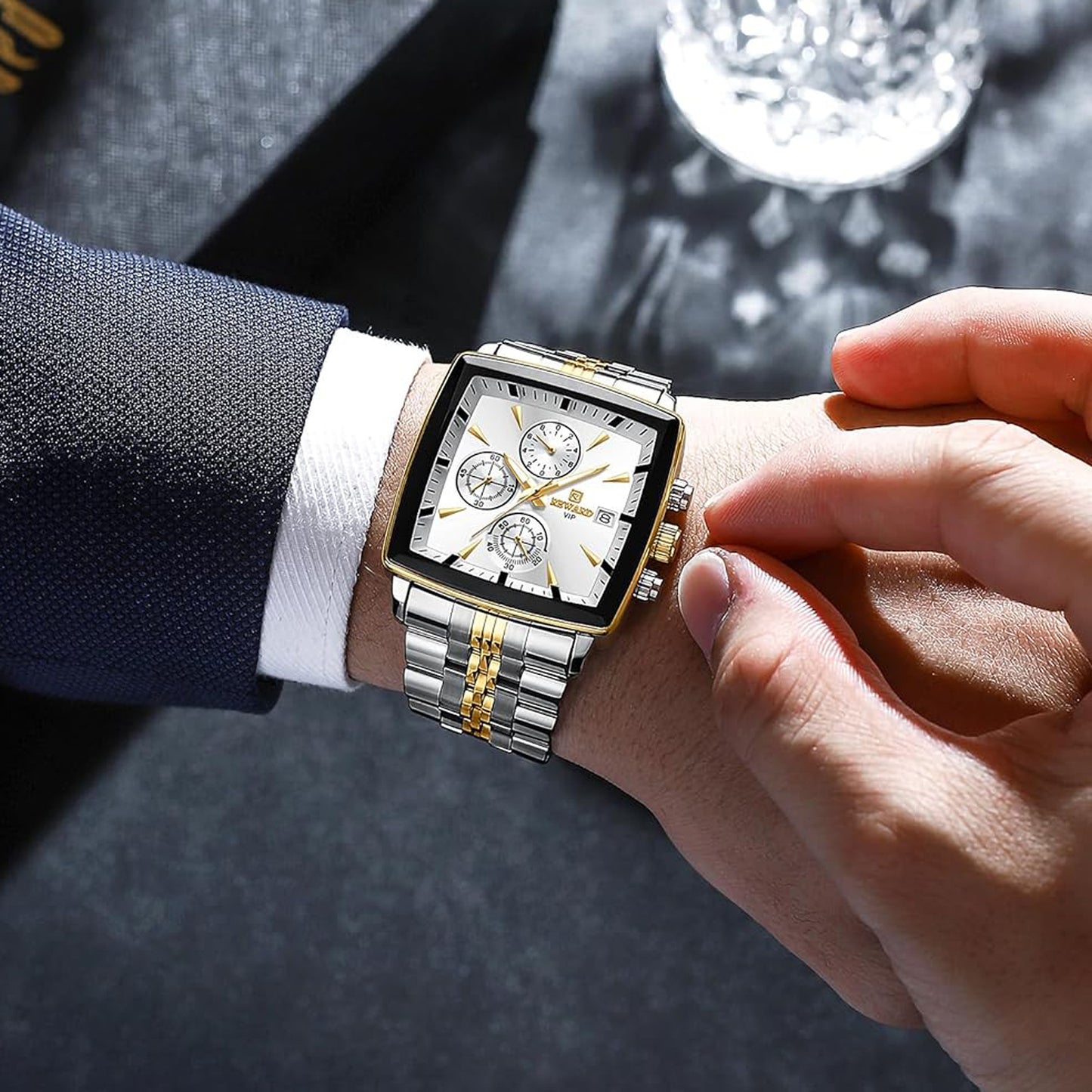 Reward Square White Dial Multi-Function Watch For Men